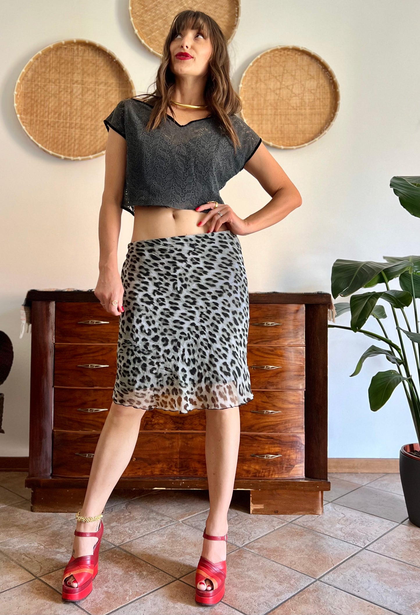 1990's vintage sheer grey and black animal print midi skirt