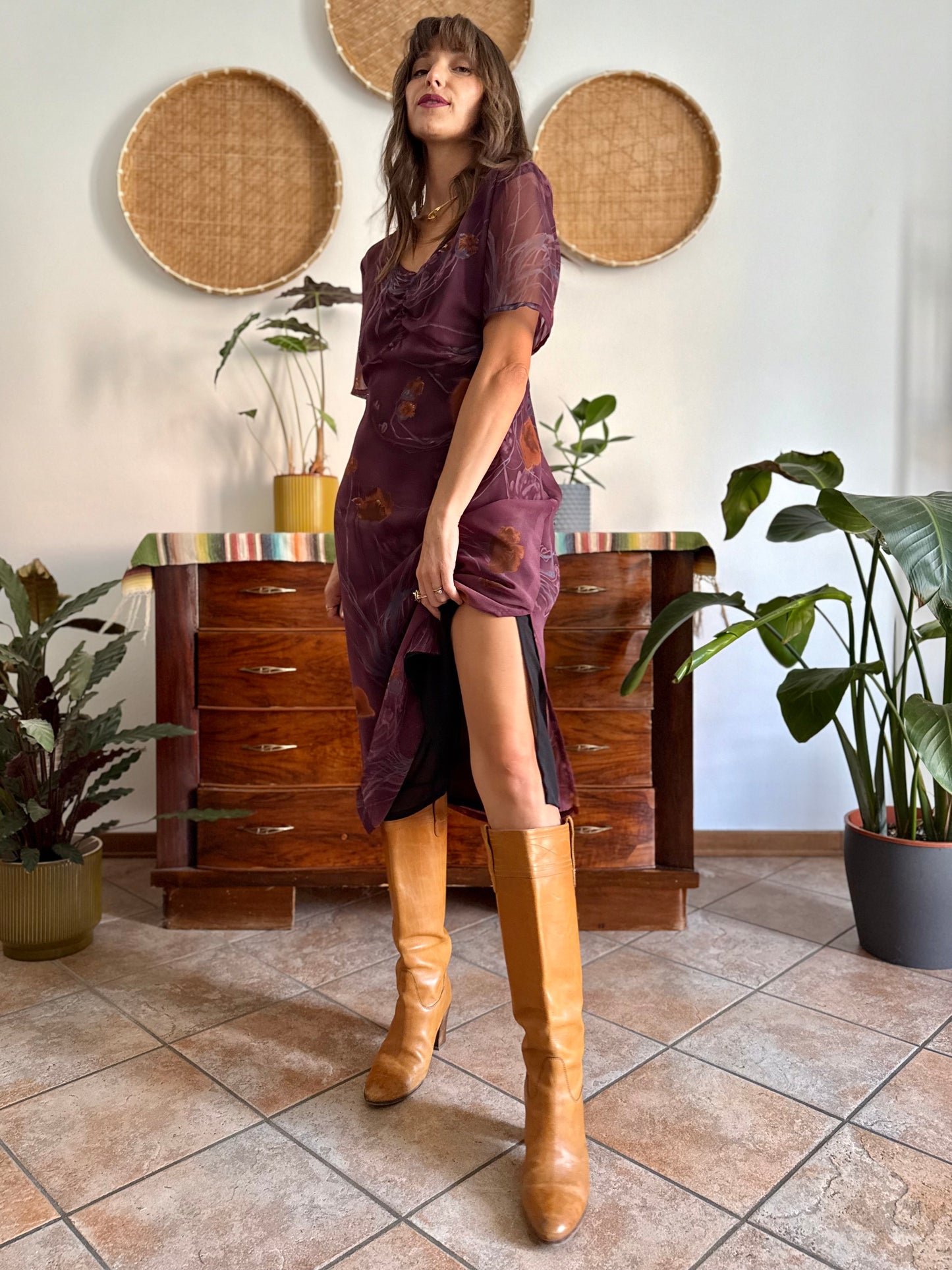 1990's vintage purple midi dress with orange and blue floral print