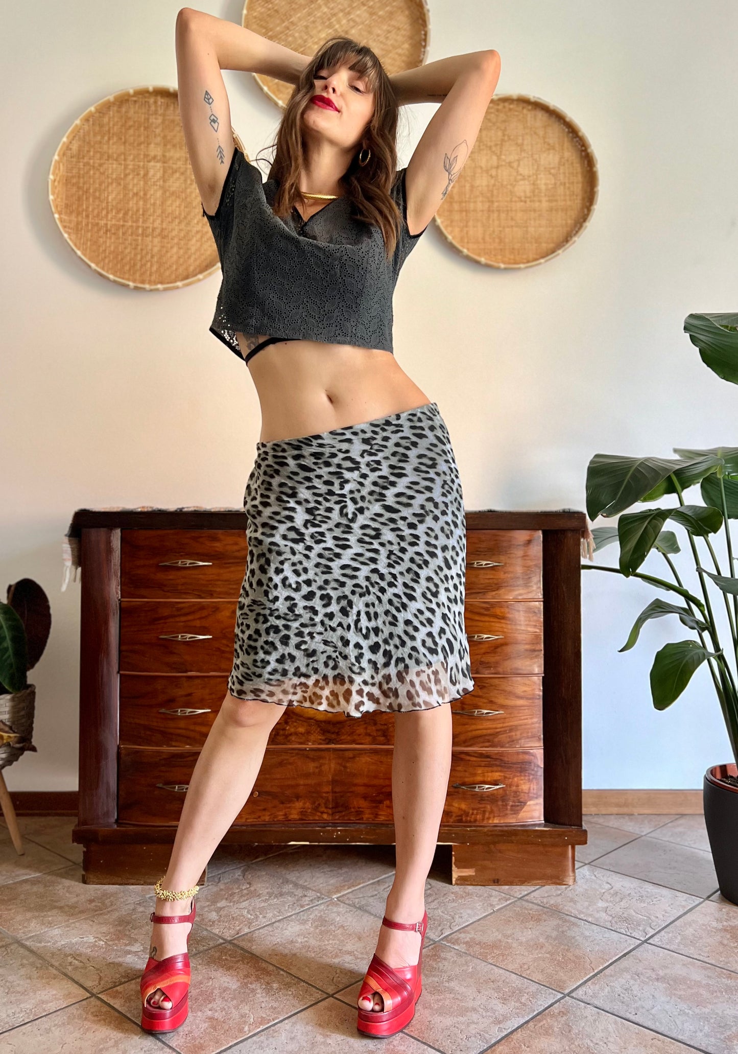 1990's vintage sheer grey and black animal print midi skirt