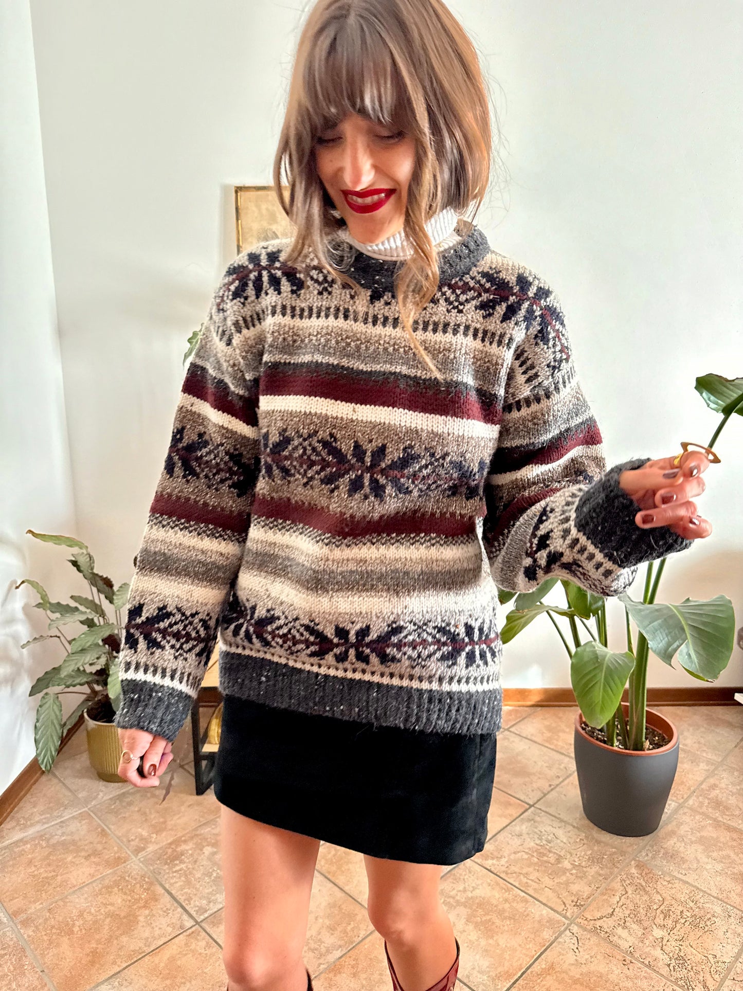 1990's vintage burgundy, grey and black geodetic stripe knit wool pullover