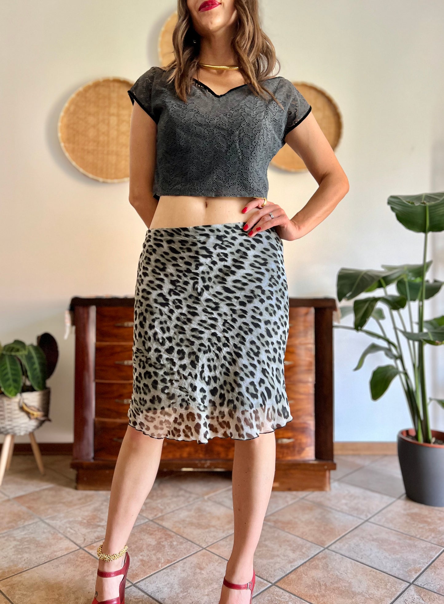 1990's vintage sheer grey and black animal print midi skirt