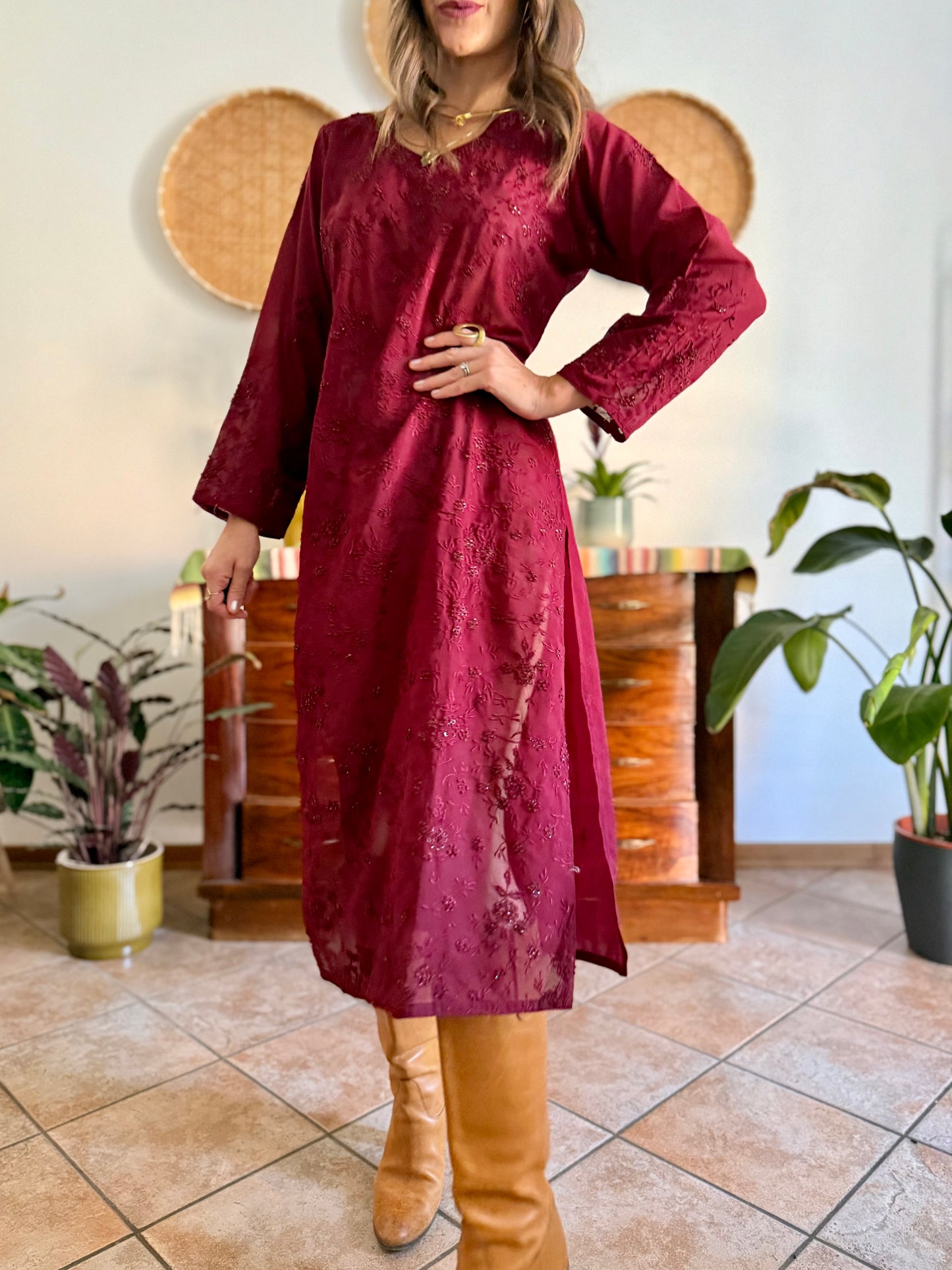 1970's vintage semi sheer burgundy midi dress with floral embroidery and sequin detailing