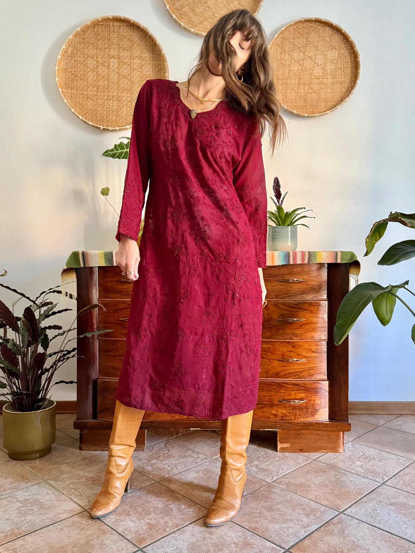 1970's vintage semi sheer burgundy midi dress with floral embroidery and sequin detailing