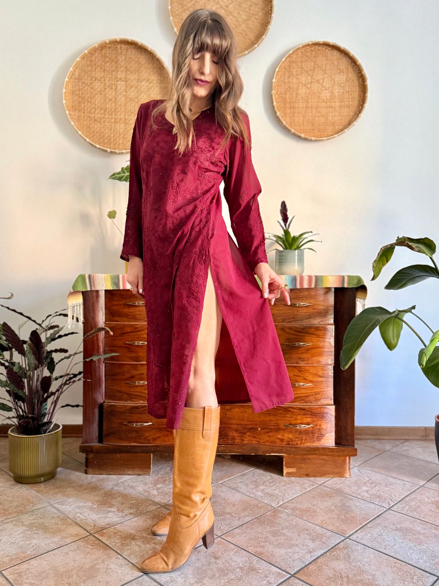1970's vintage semi sheer burgundy midi dress with floral embroidery and sequin detailing