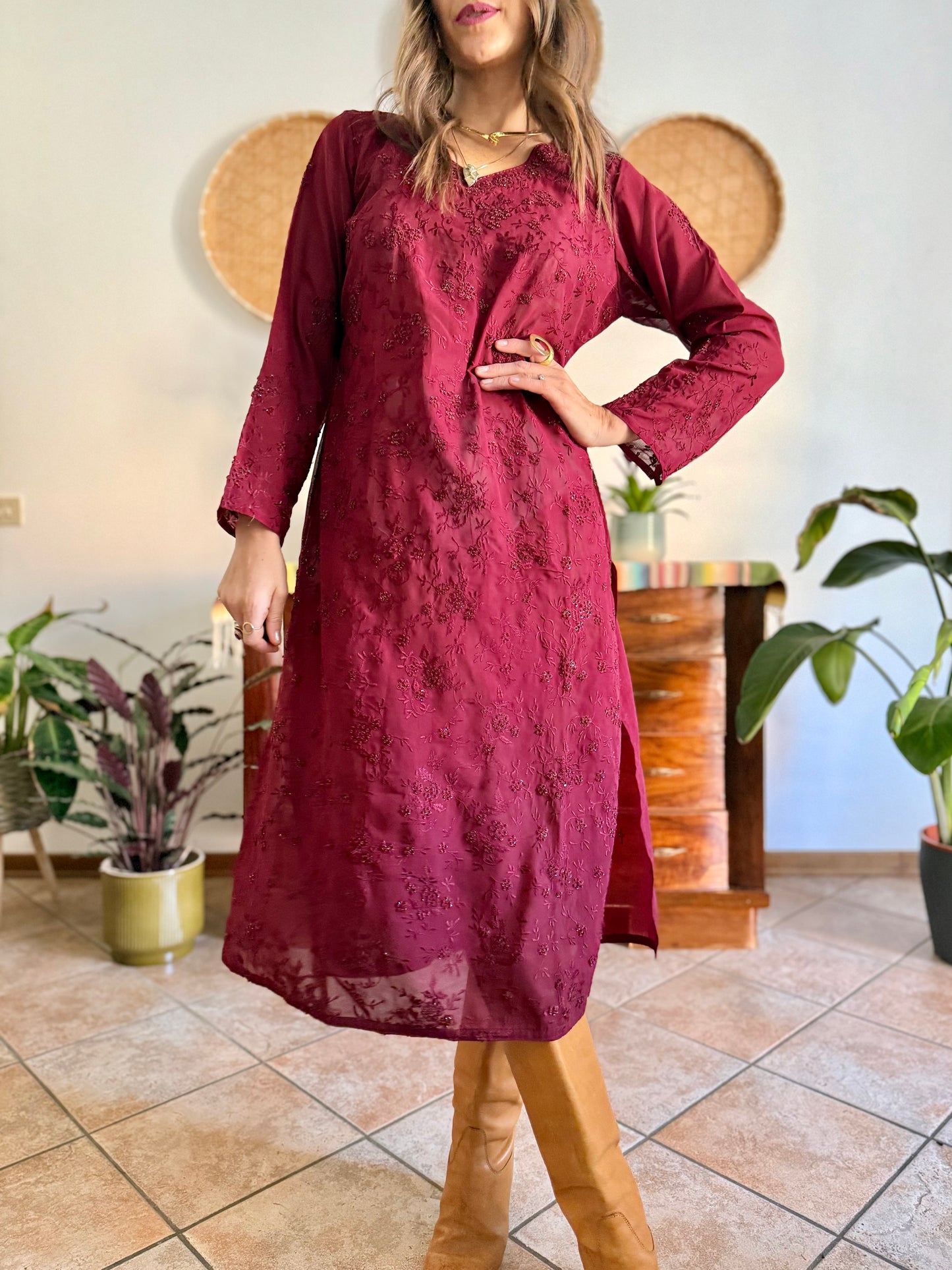 1970's vintage semi sheer burgundy midi dress with floral embroidery and sequin detailing