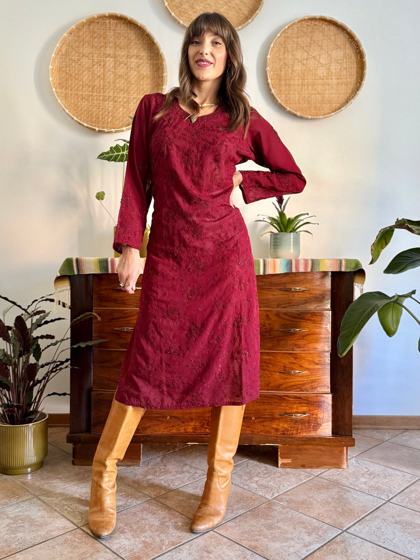 1970's vintage semi sheer burgundy midi dress with floral embroidery and sequin detailing