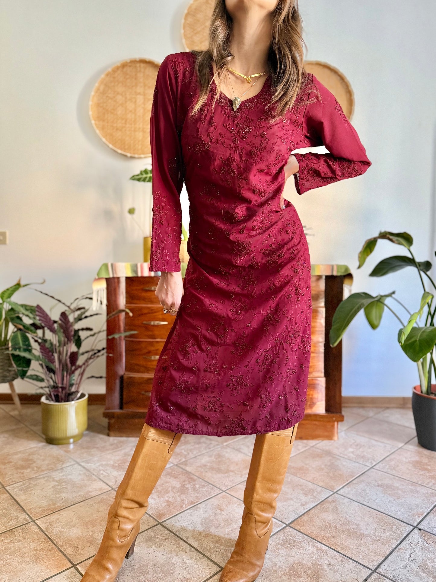1970's vintage semi sheer burgundy midi dress with floral embroidery and sequin detailing