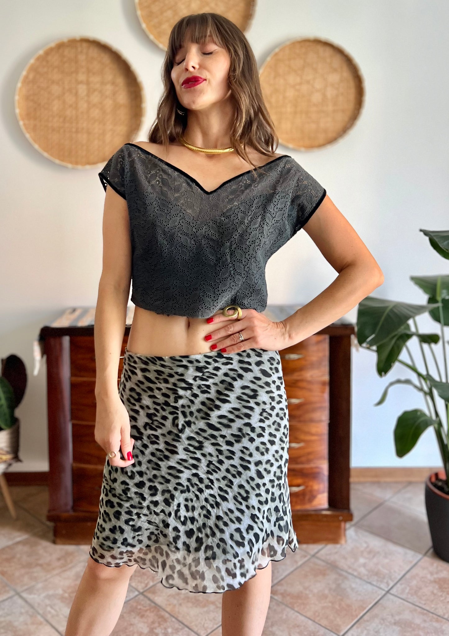 1990's vintage sheer grey and black animal print midi skirt