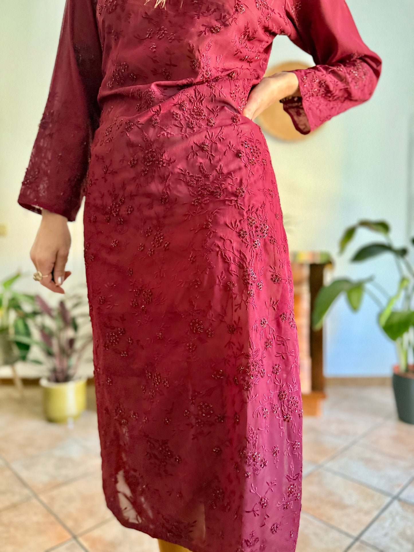 1970's vintage semi sheer burgundy midi dress with floral embroidery and sequin detailing