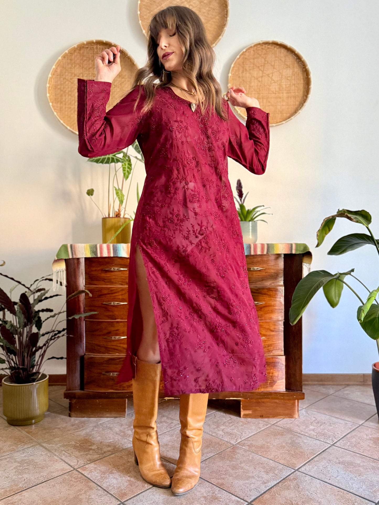 1970's vintage semi sheer burgundy midi dress with floral embroidery and sequin detailing