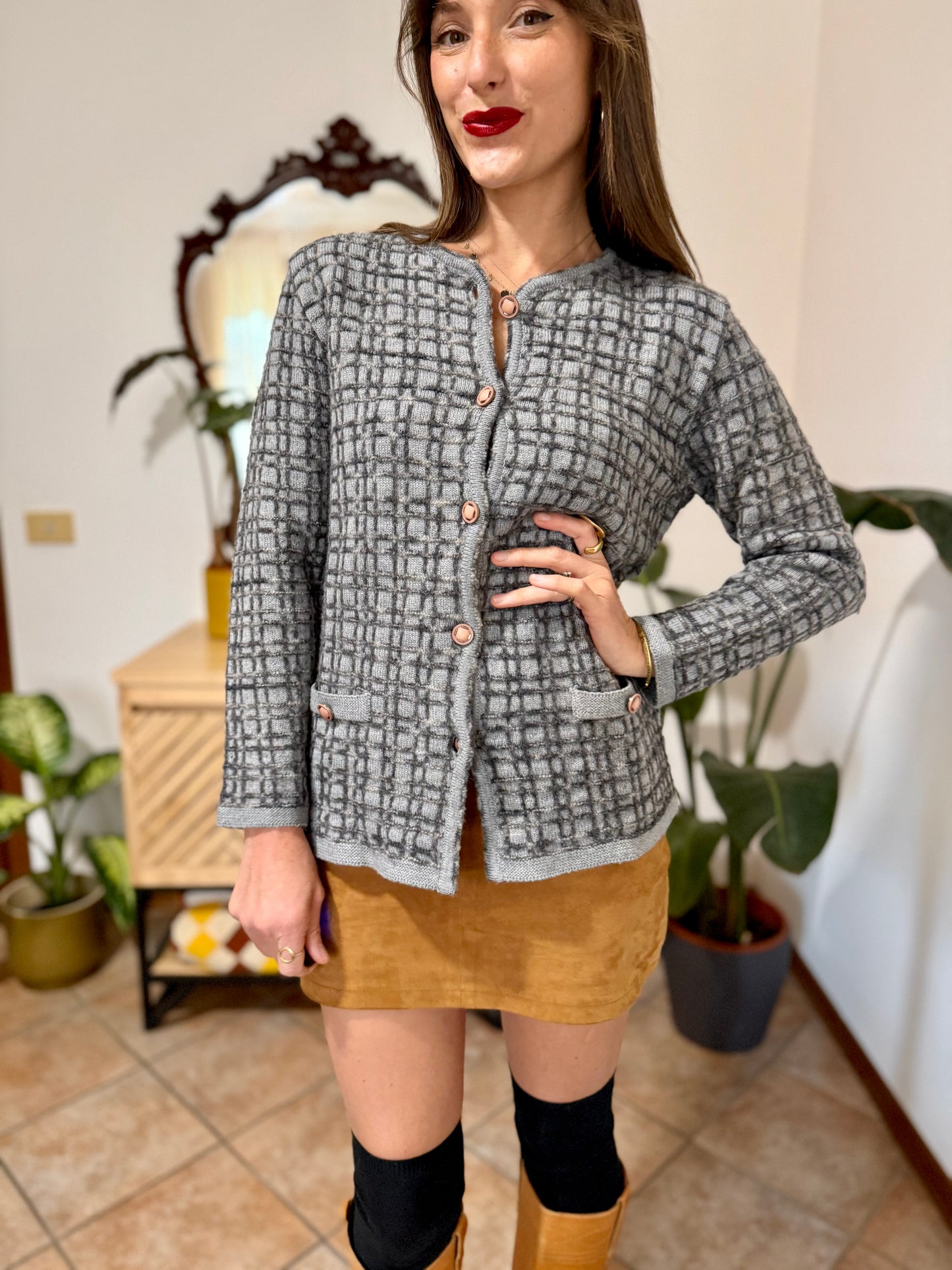 1990's vintage multi tonal texture wool plaid grey cardigan