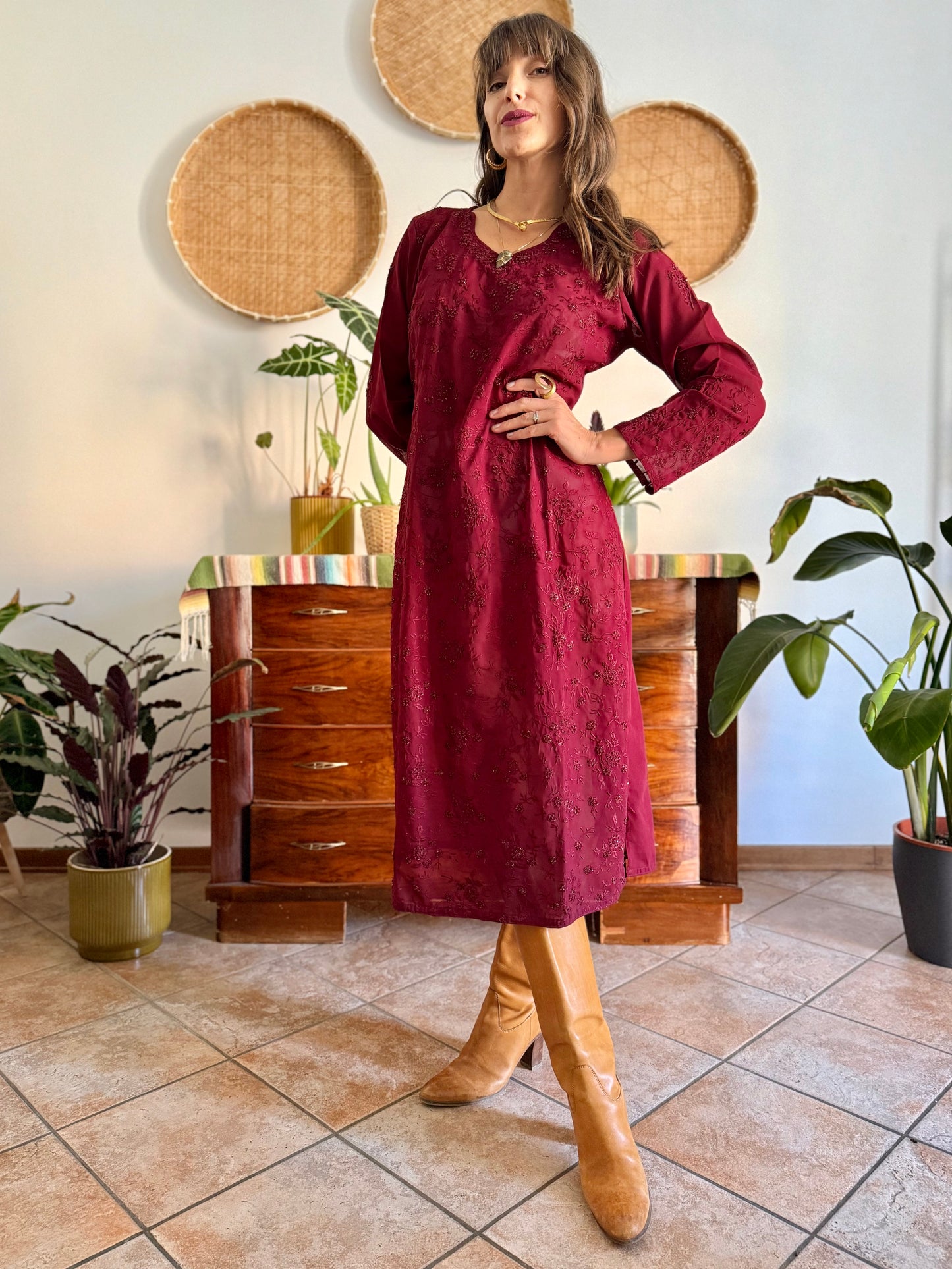 1970's vintage semi sheer burgundy midi dress with floral embroidery and sequin detailing