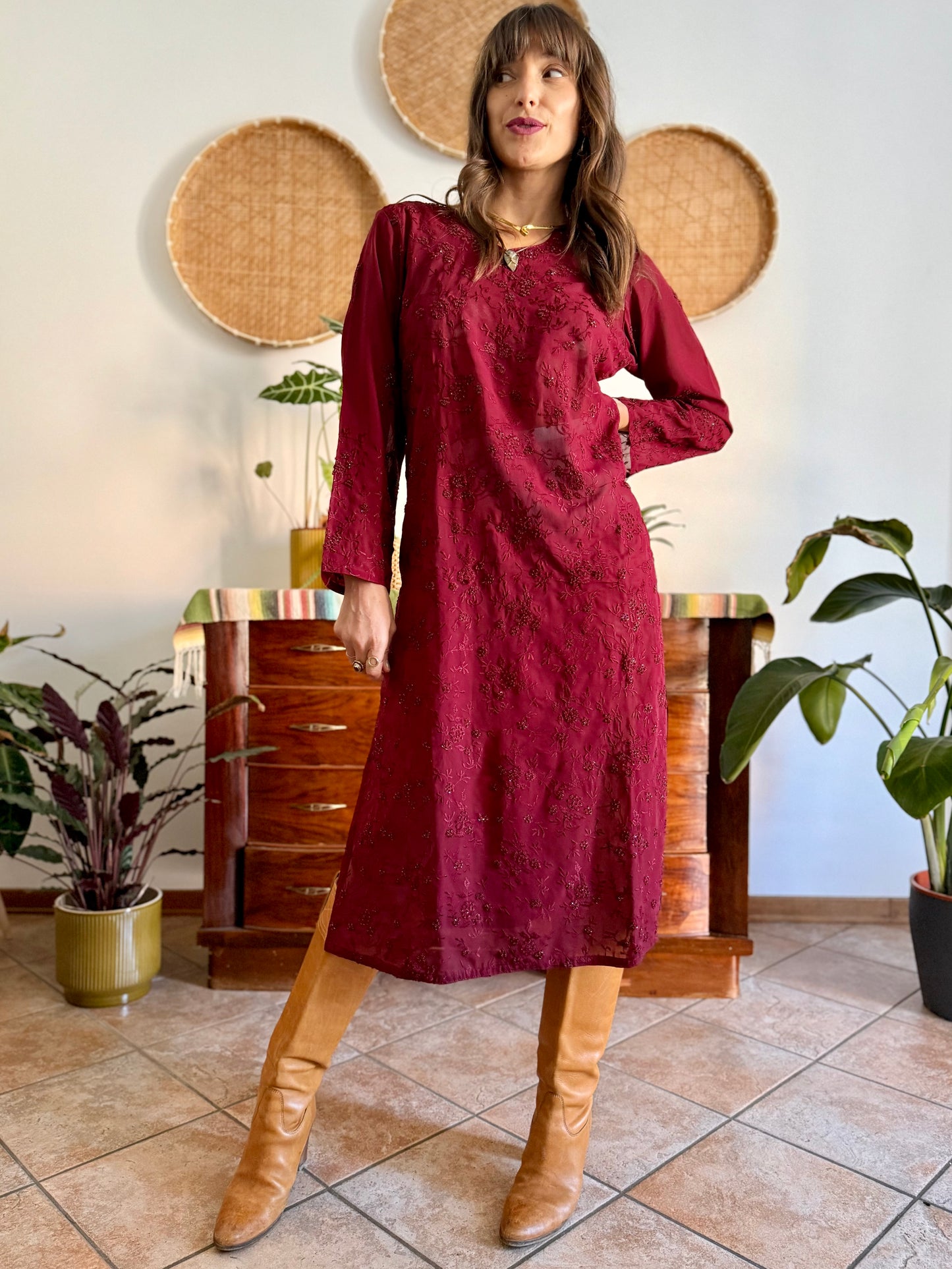 1970's vintage semi sheer burgundy midi dress with floral embroidery and sequin detailing