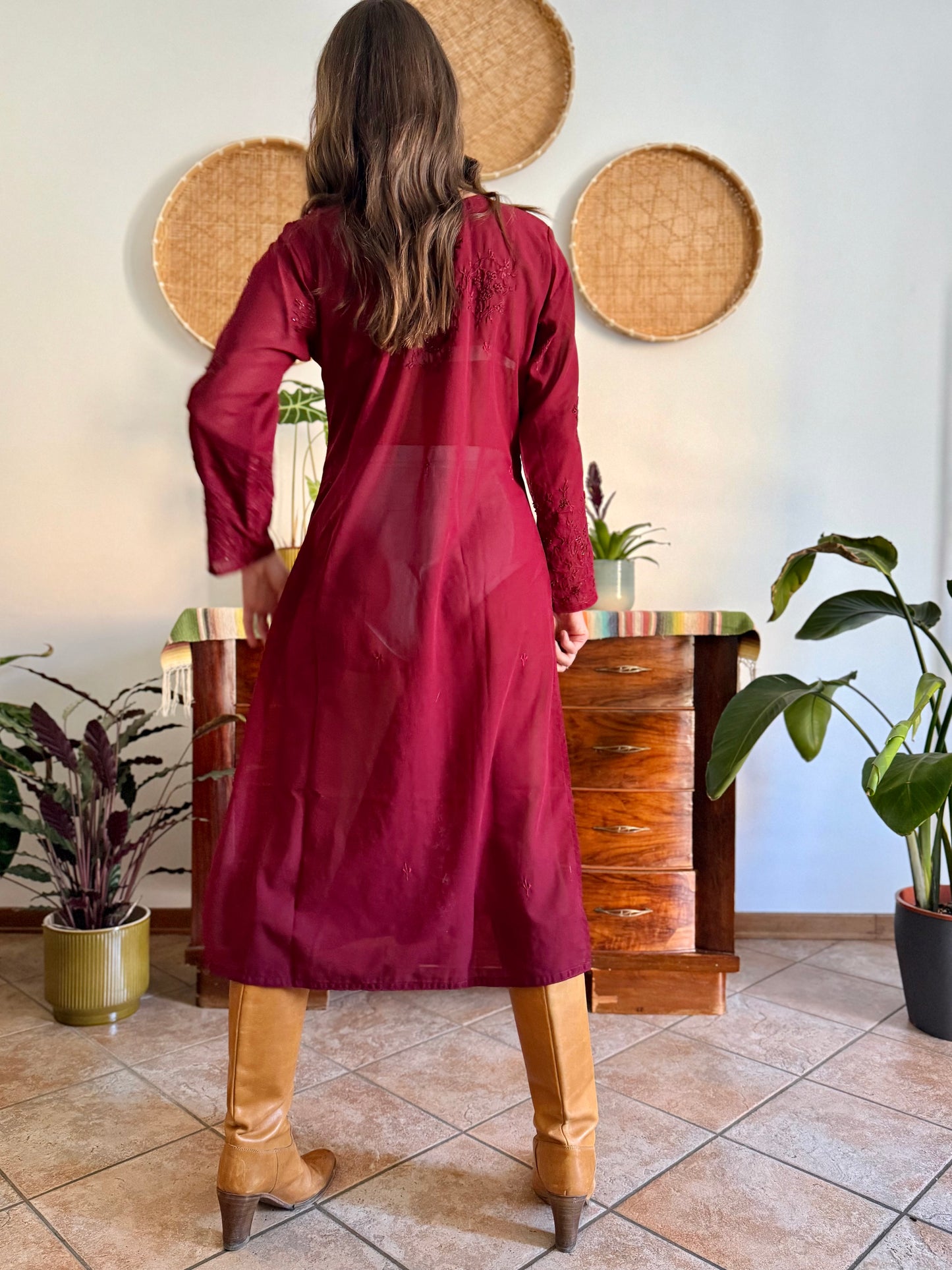 1970's vintage semi sheer burgundy midi dress with floral embroidery and sequin detailing