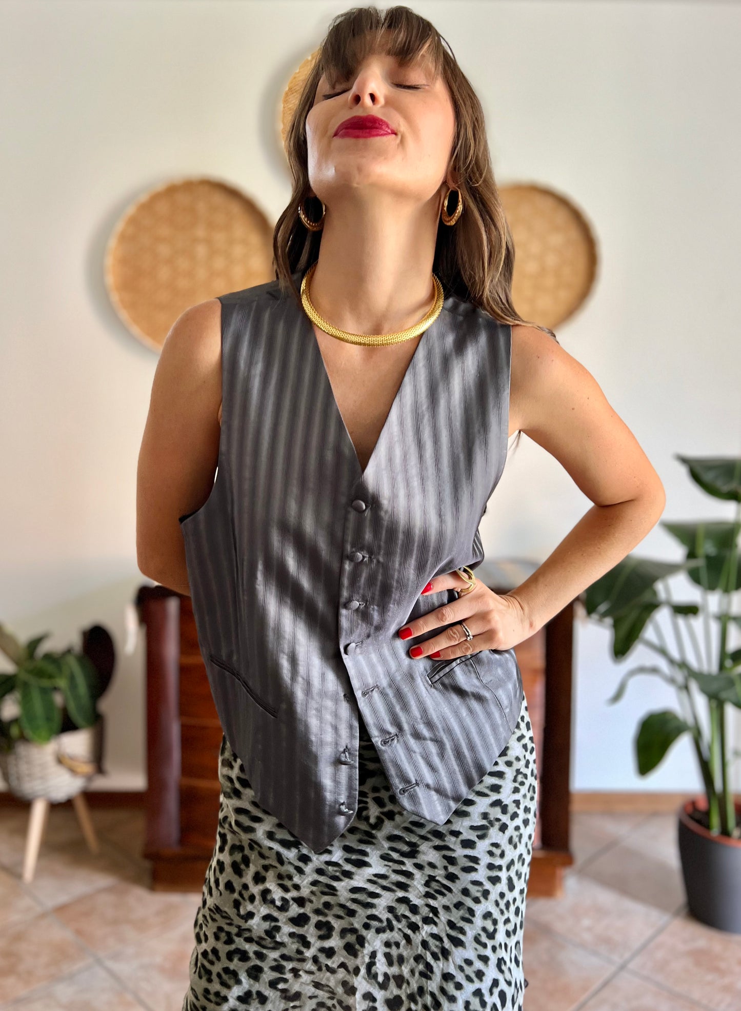 1970's vintage dark grey textured stripe silk vest