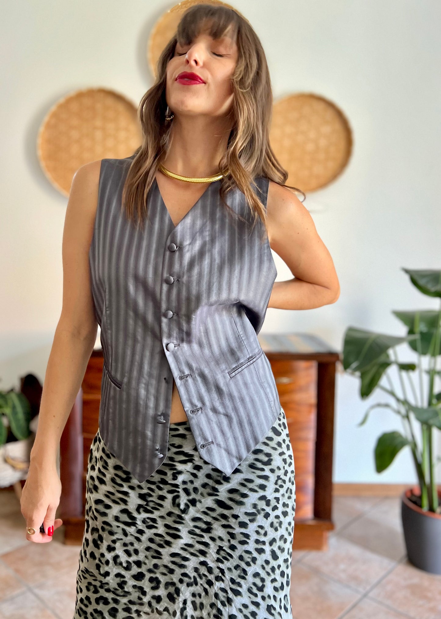 1970's vintage dark grey textured stripe silk vest