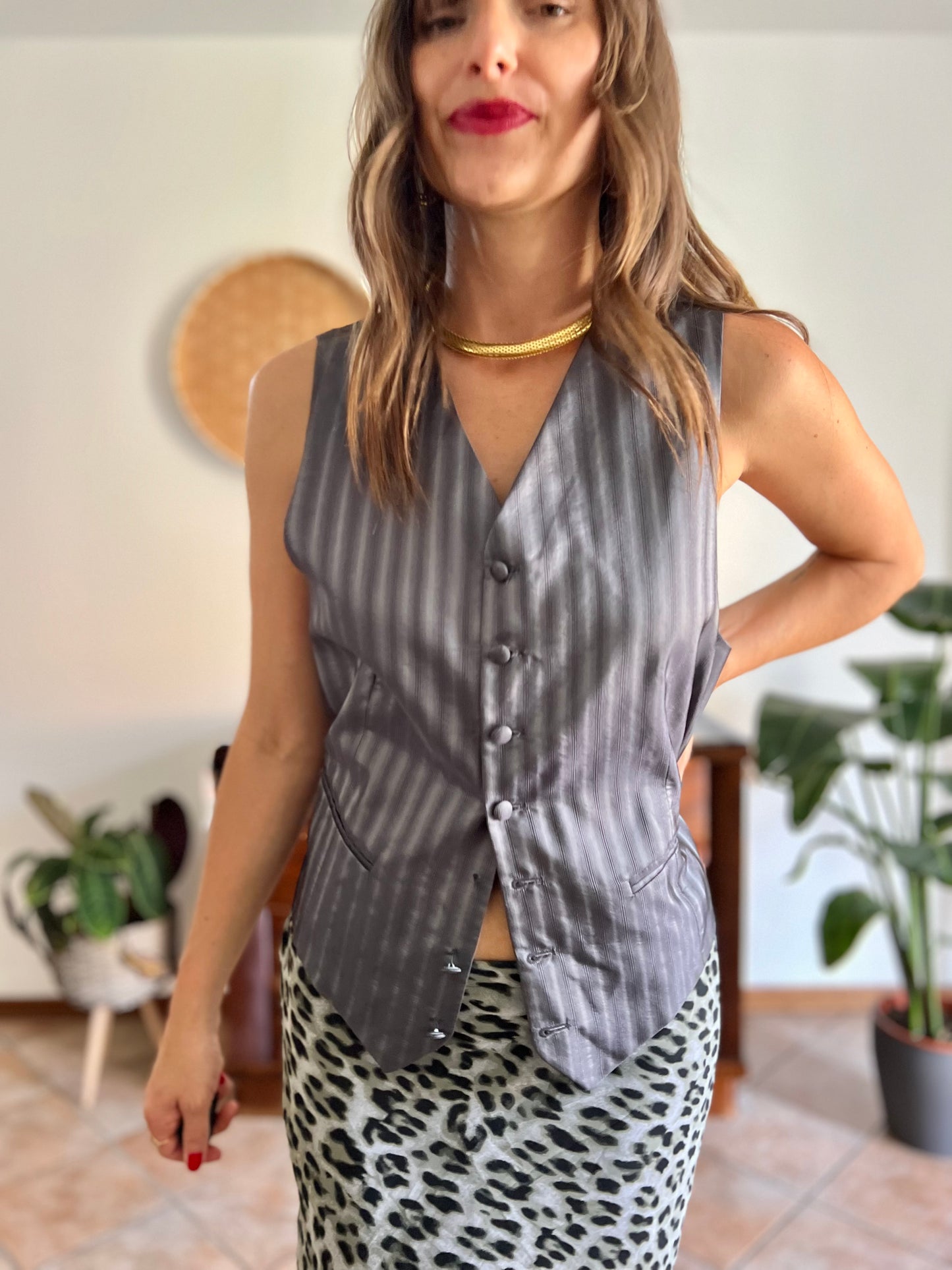 1970's vintage dark grey textured stripe silk vest