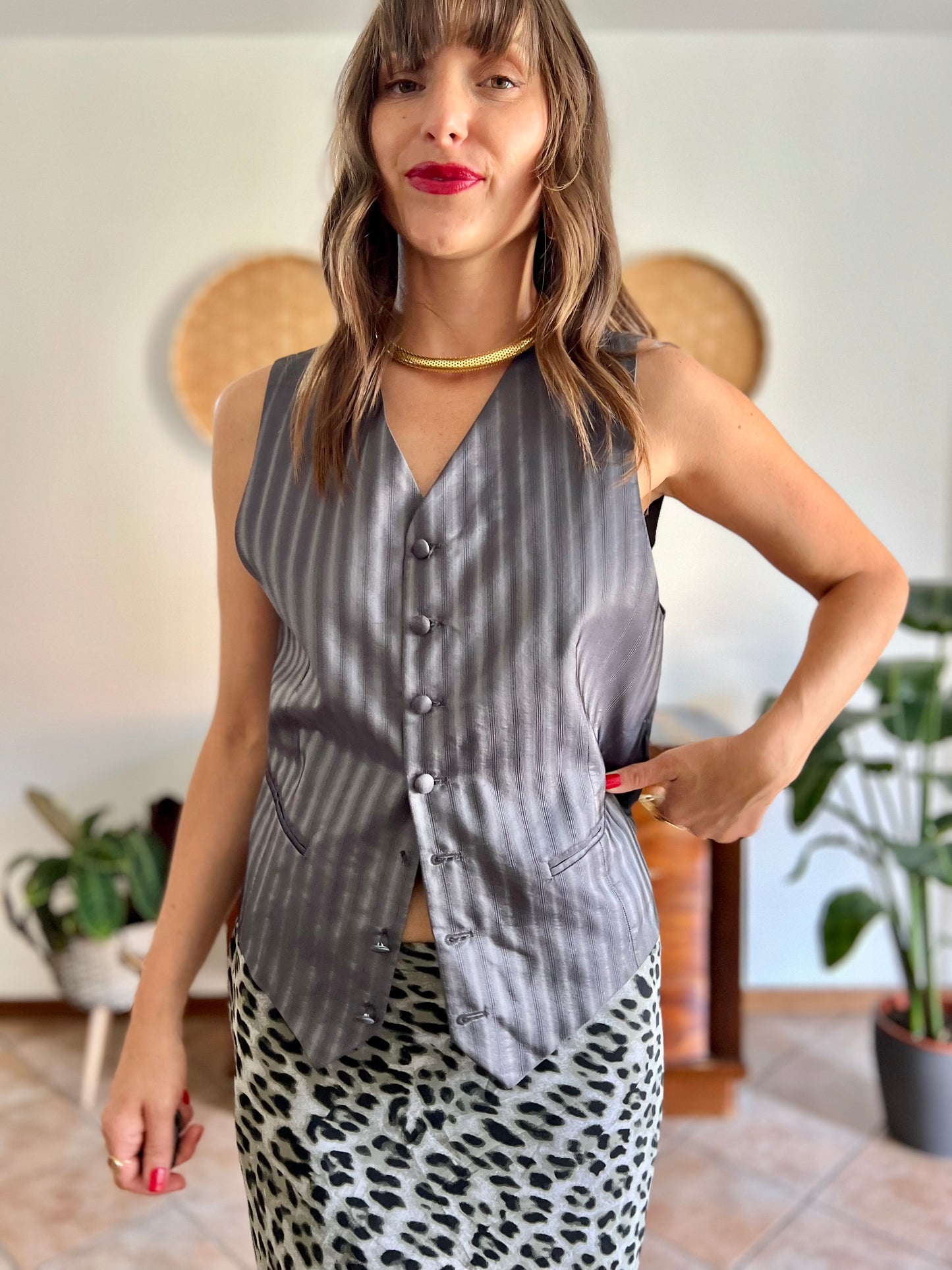 1970's vintage dark grey textured stripe silk vest