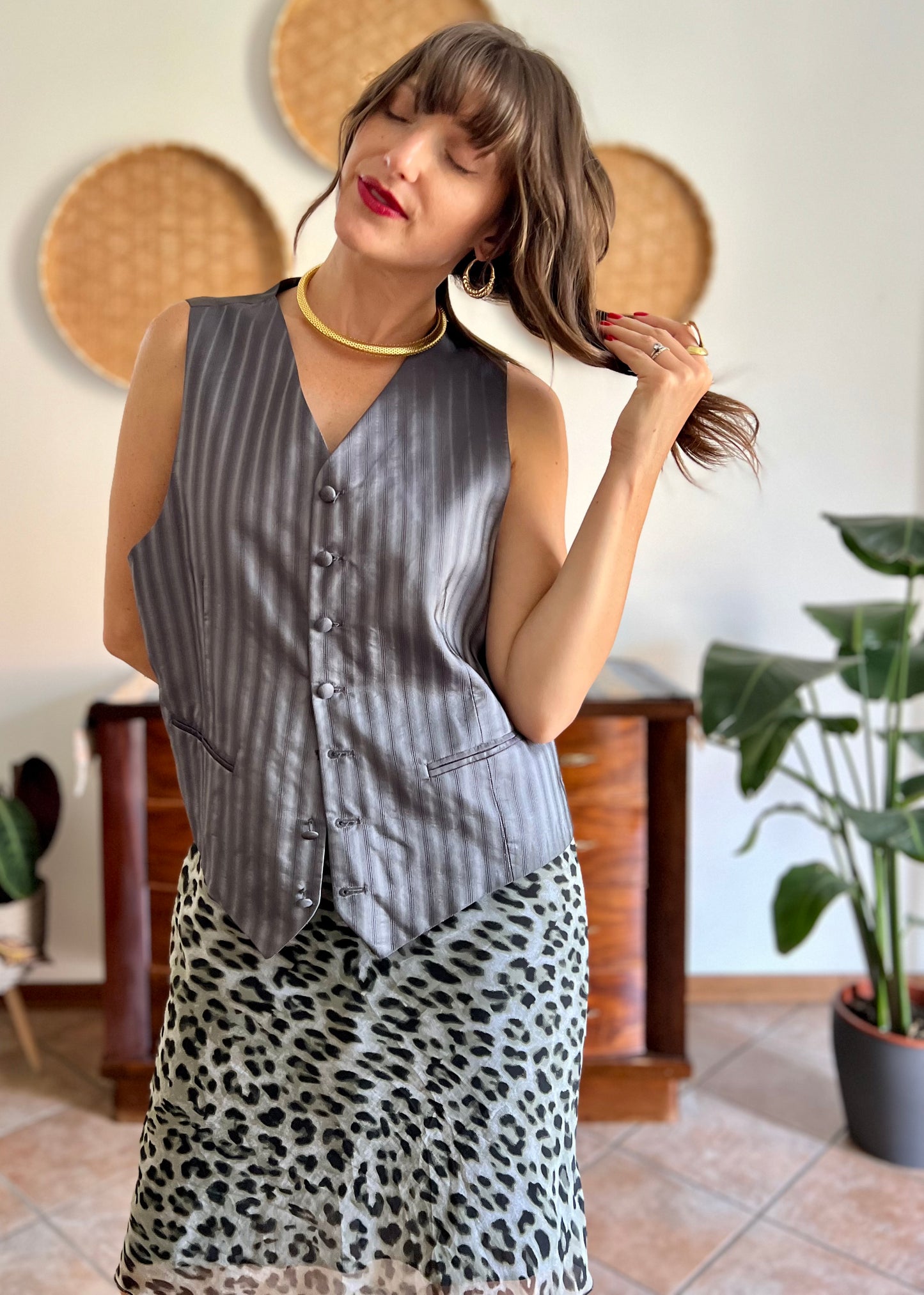 1970's vintage dark grey textured stripe silk vest