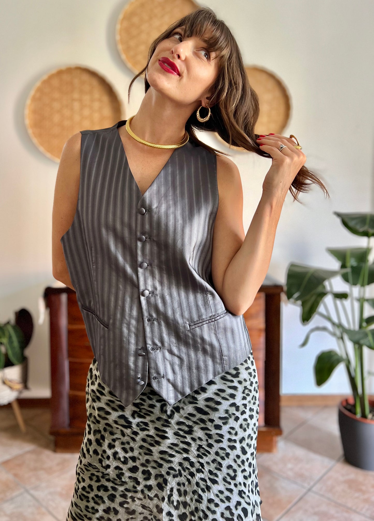 1970's vintage dark grey textured stripe silk vest