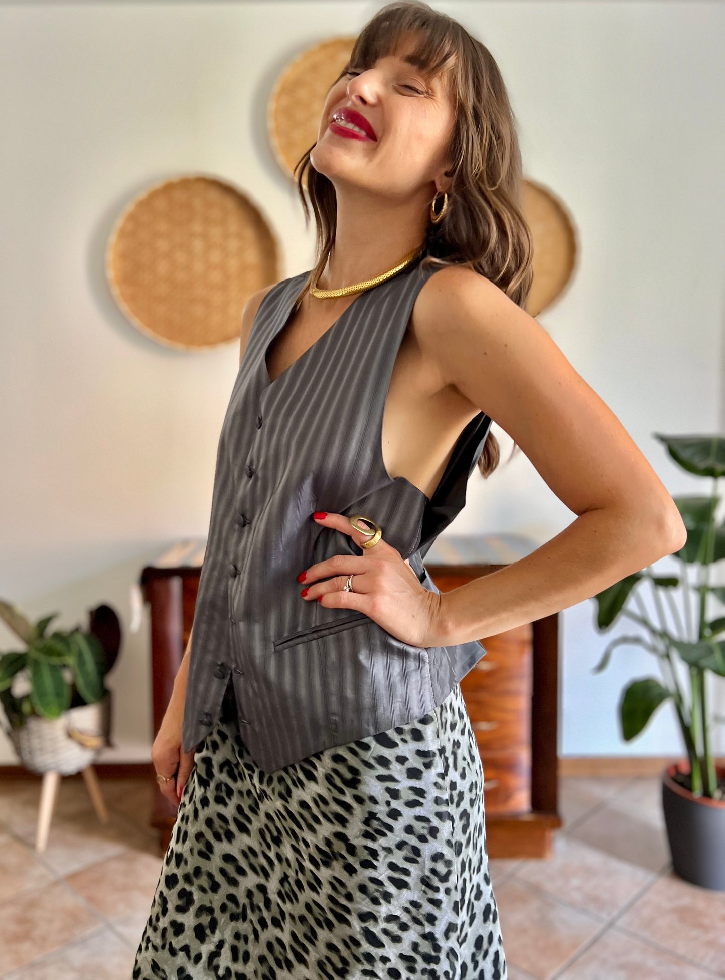1970's vintage dark grey textured stripe silk vest