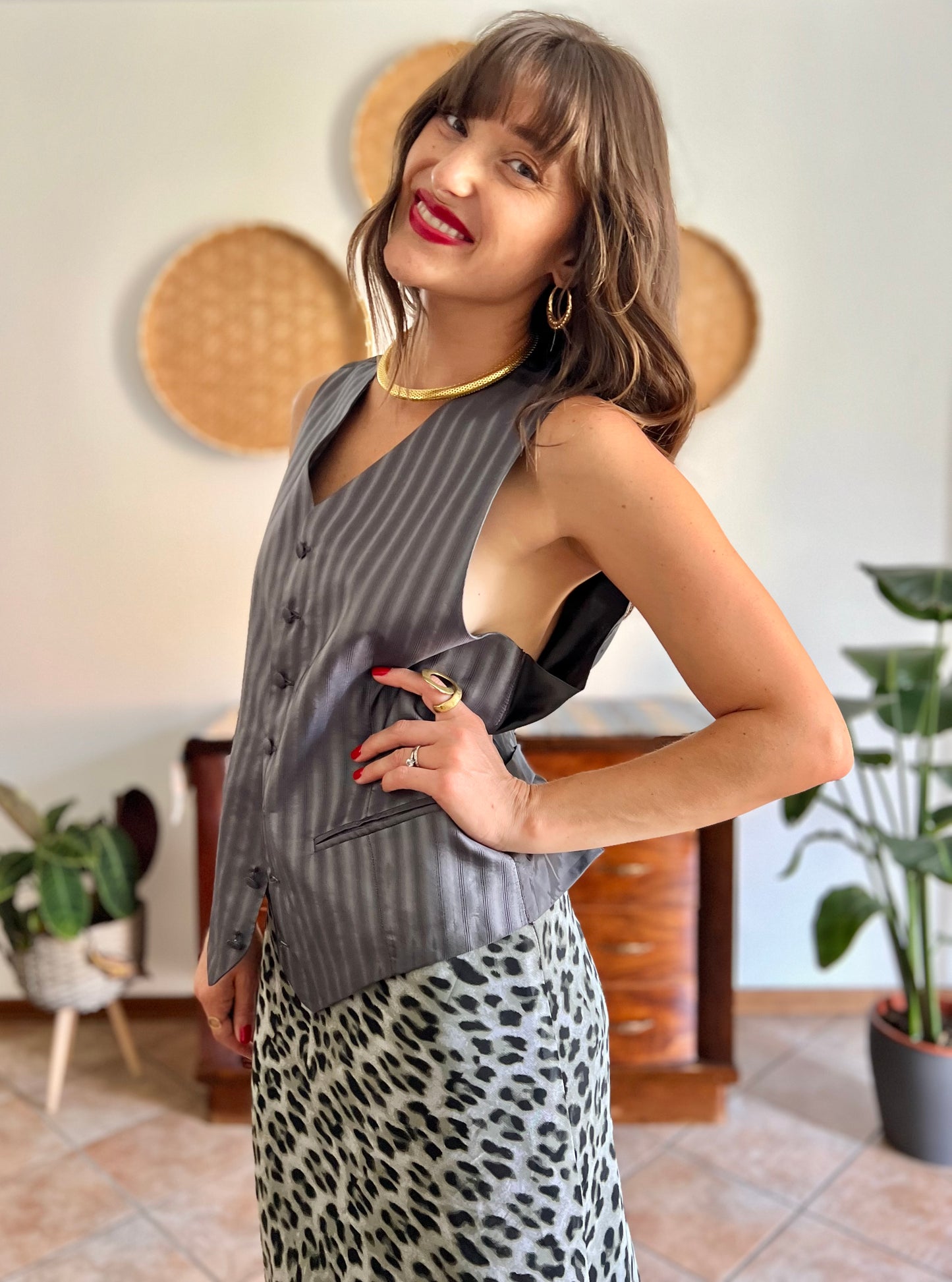 1970's vintage dark grey textured stripe silk vest