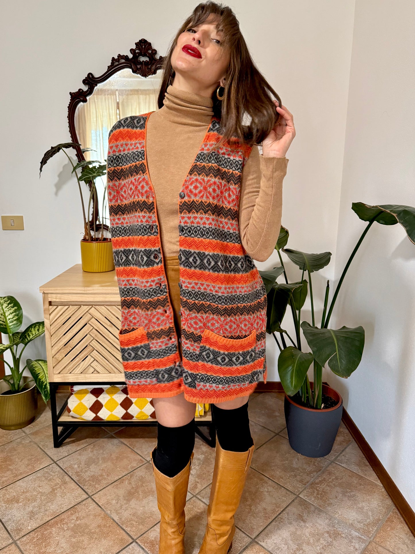 1990's vintage orange black and grey cashmere and wool blend knit mini dress