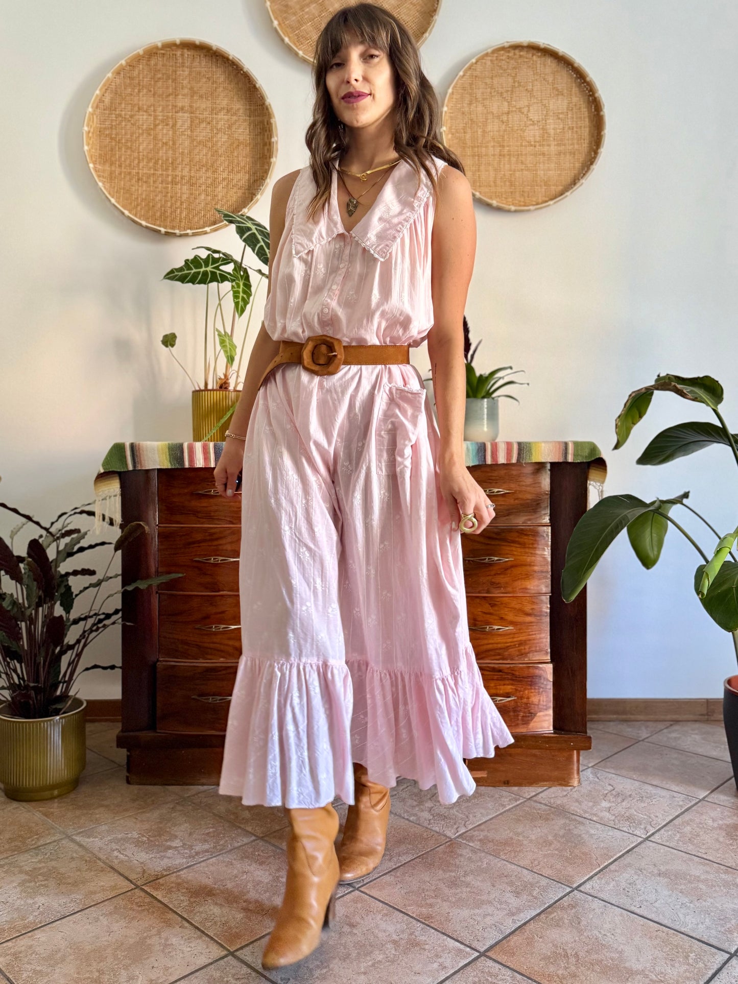 1970's vintage pink prairie taxi dress with white stripe and floral print