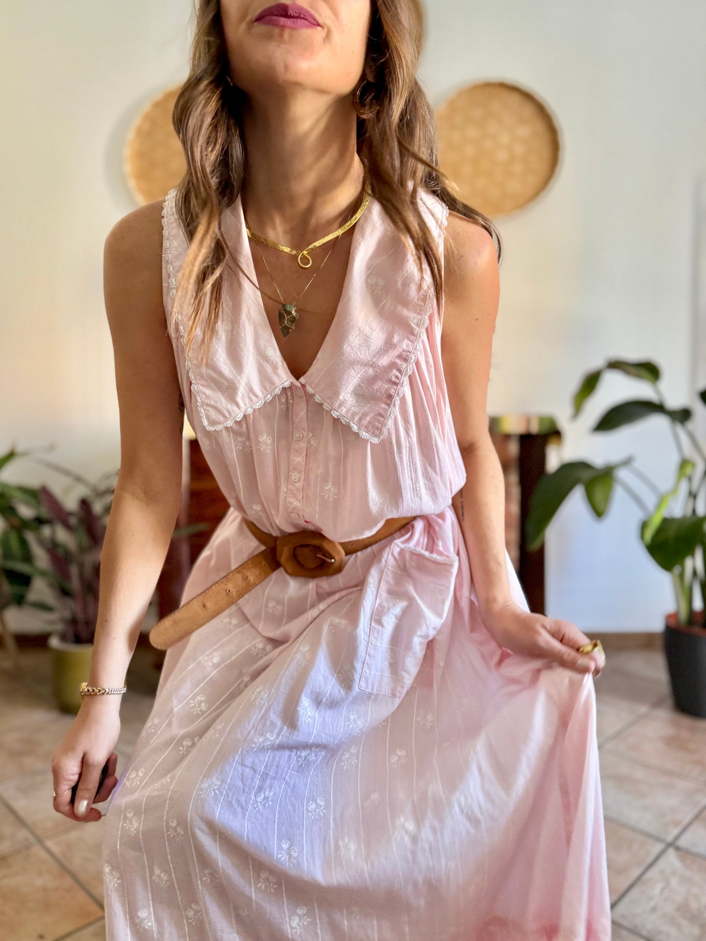 1970's vintage pink prairie taxi dress with white stripe and floral print