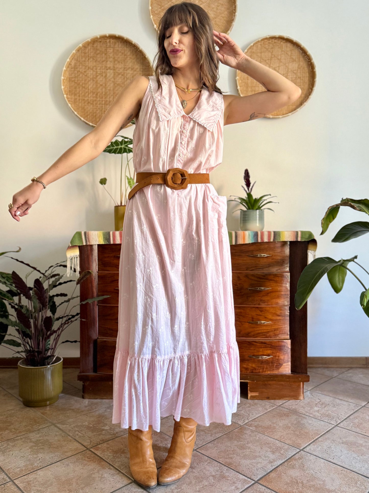 1970's vintage pink prairie taxi dress with white stripe and floral print