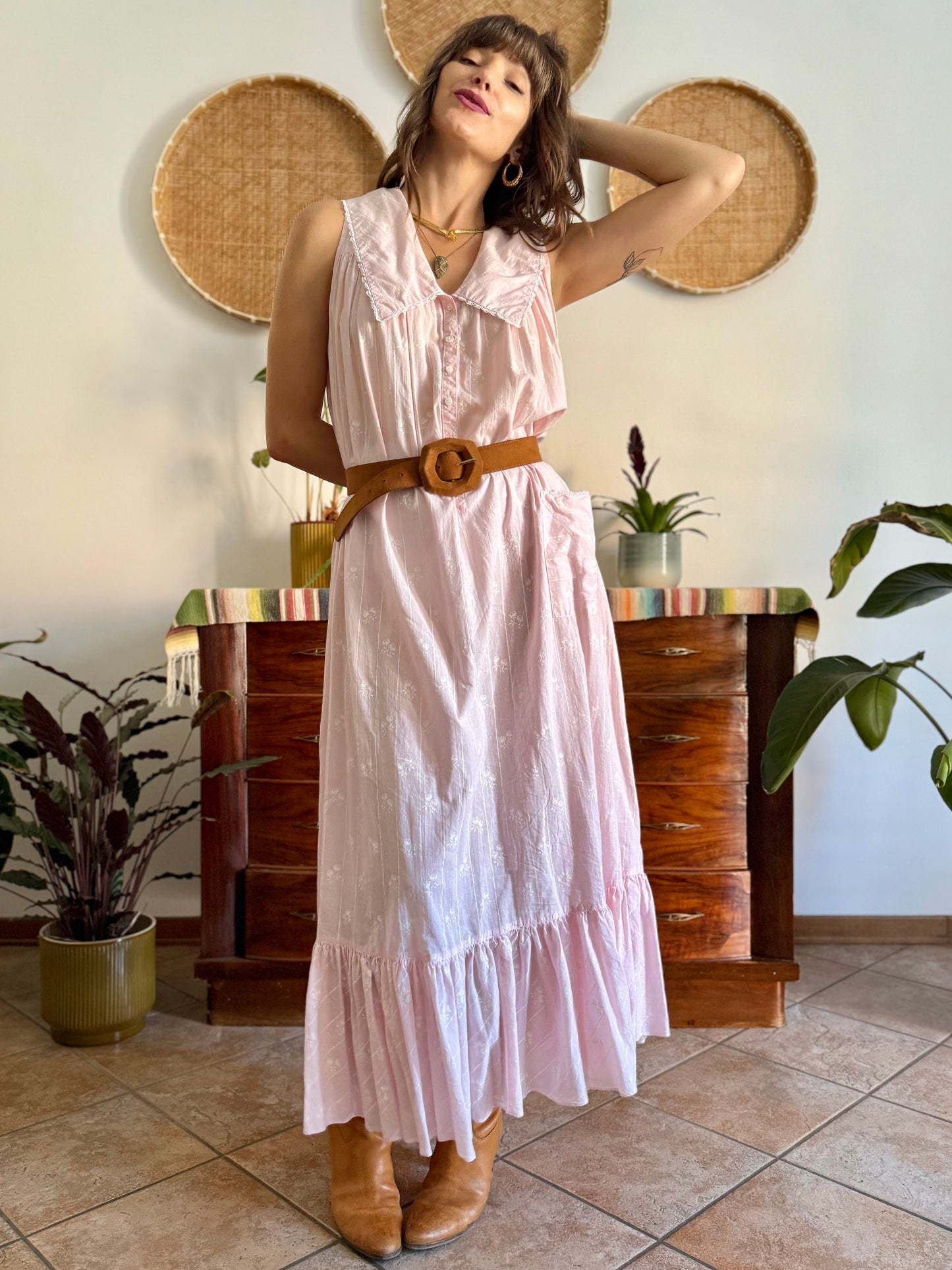 1970's vintage pink prairie taxi dress with white stripe and floral print