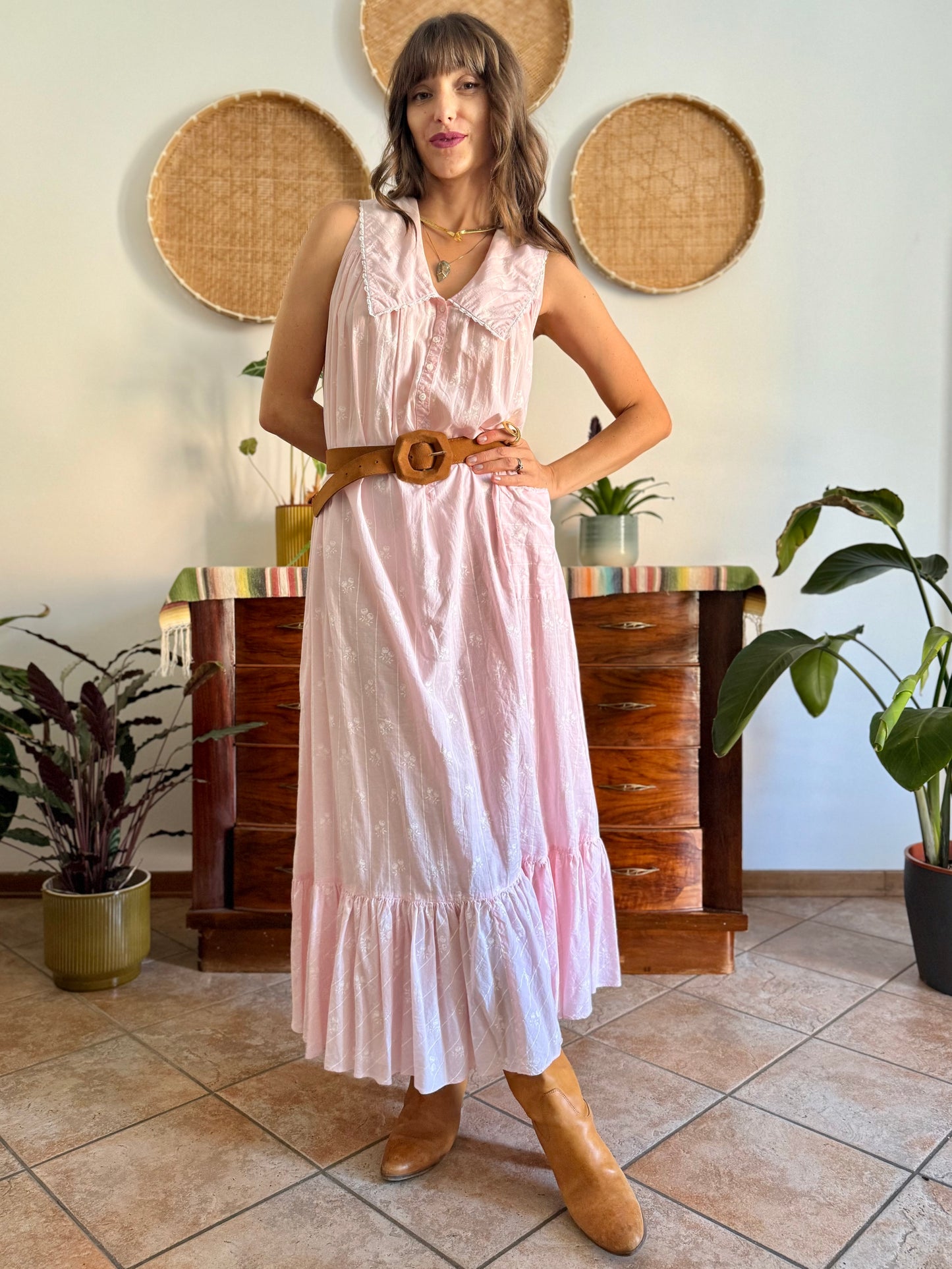 1970's vintage pink prairie taxi dress with white stripe and floral print