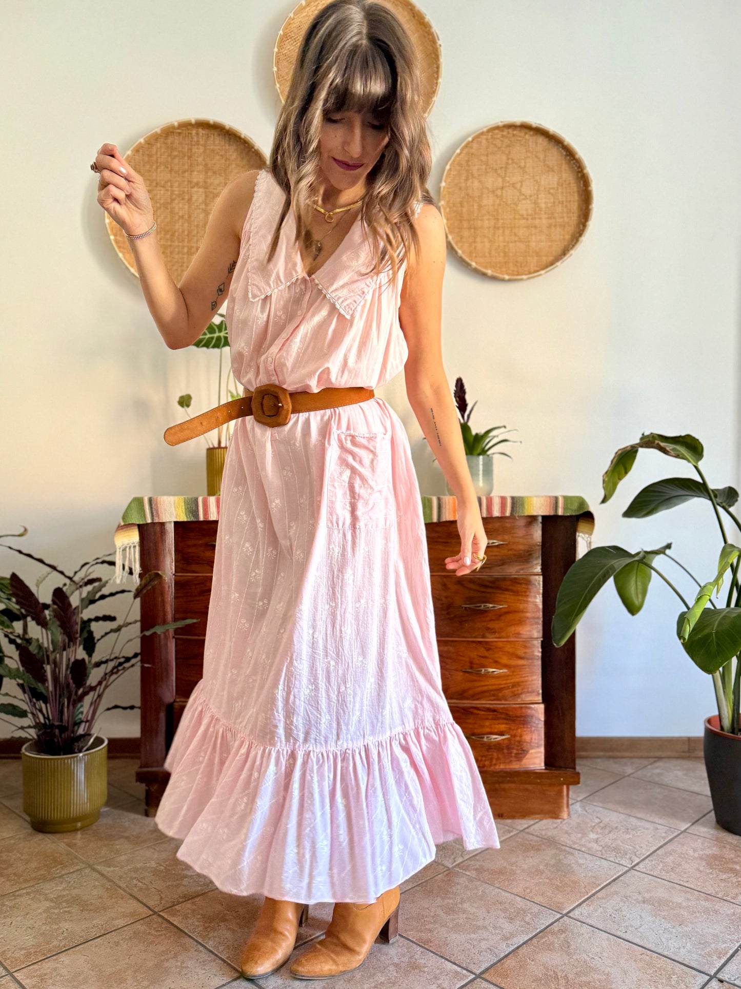 1970's vintage pink prairie taxi dress with white stripe and floral print
