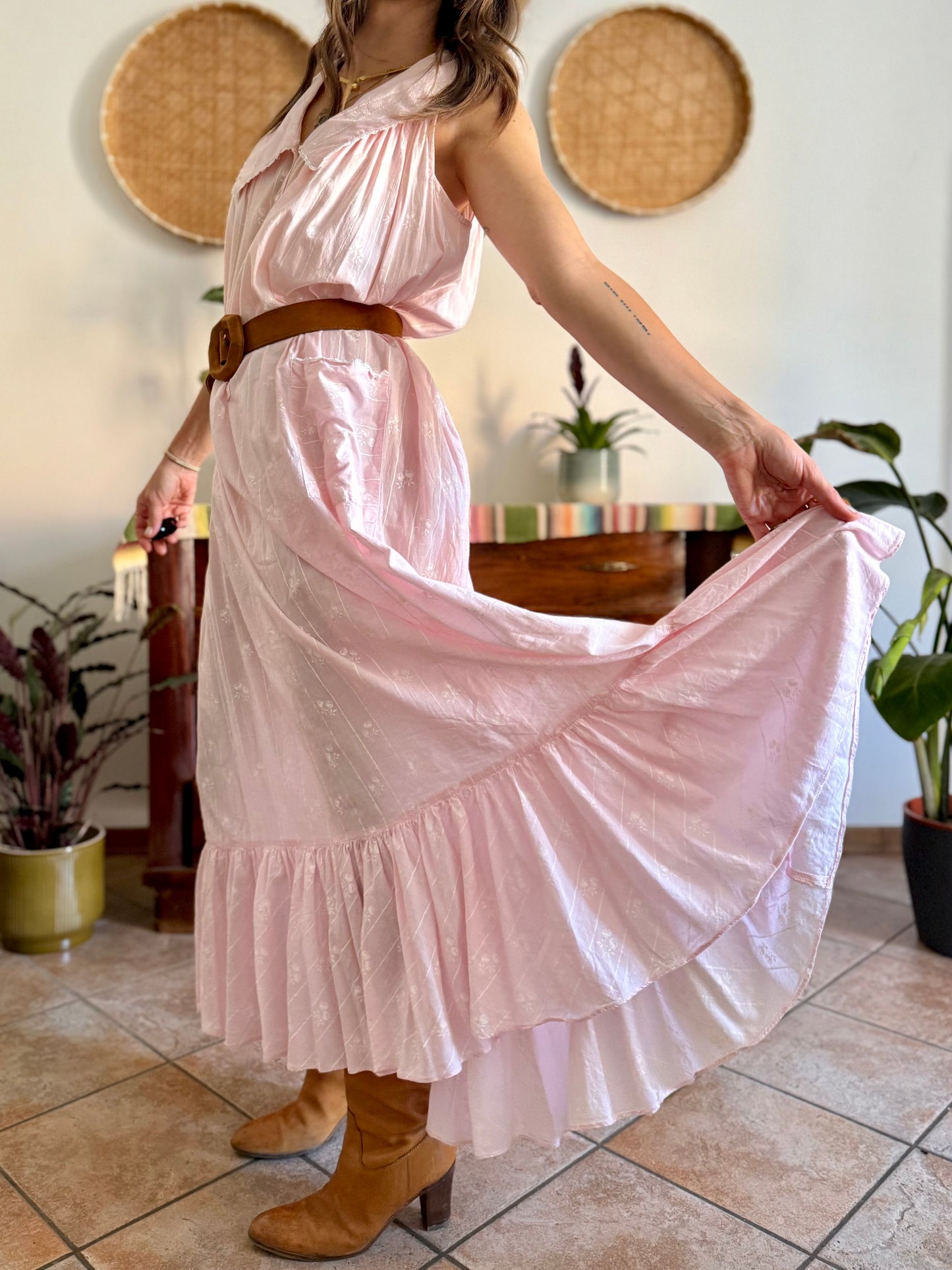 1970's vintage pink prairie taxi dress with white stripe and floral print