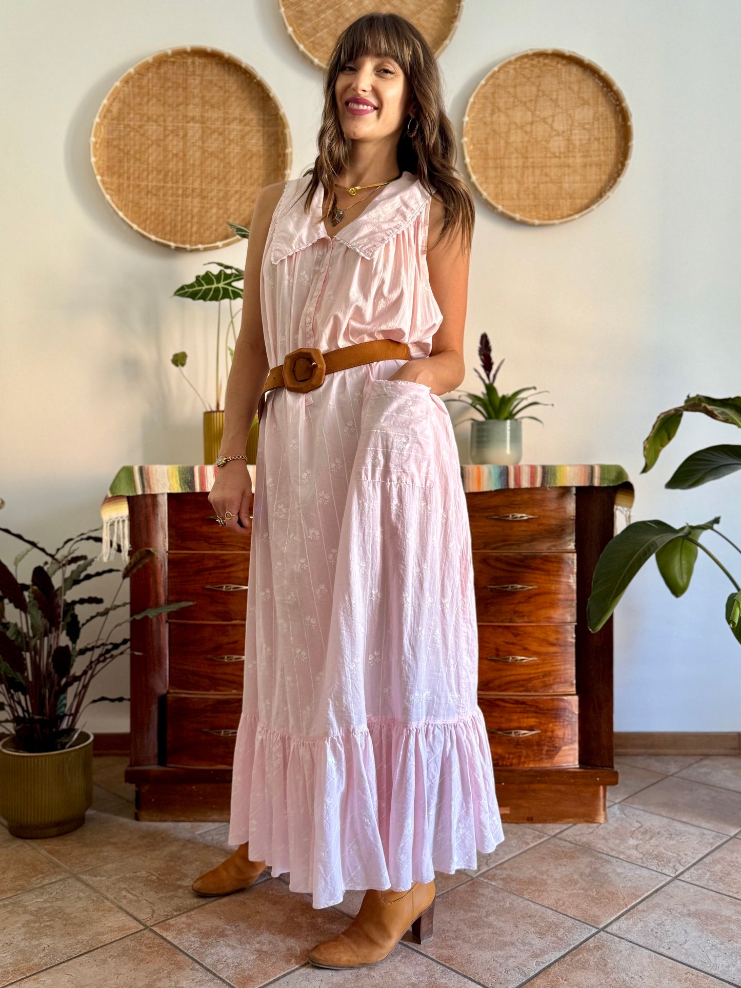 1970's vintage pink prairie taxi dress with white stripe and floral print