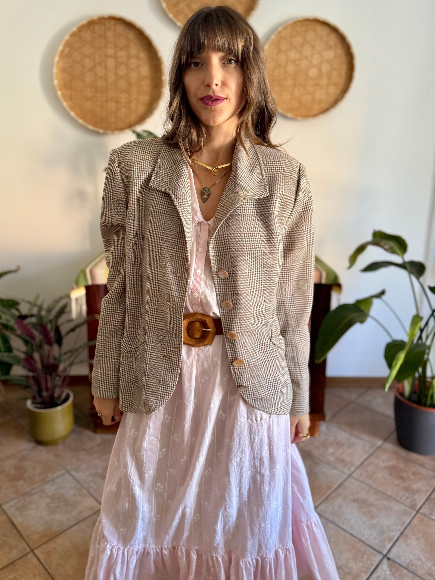 1970's vintage brown and cream plaid tweed blazer with oversize mother of pearl buttons