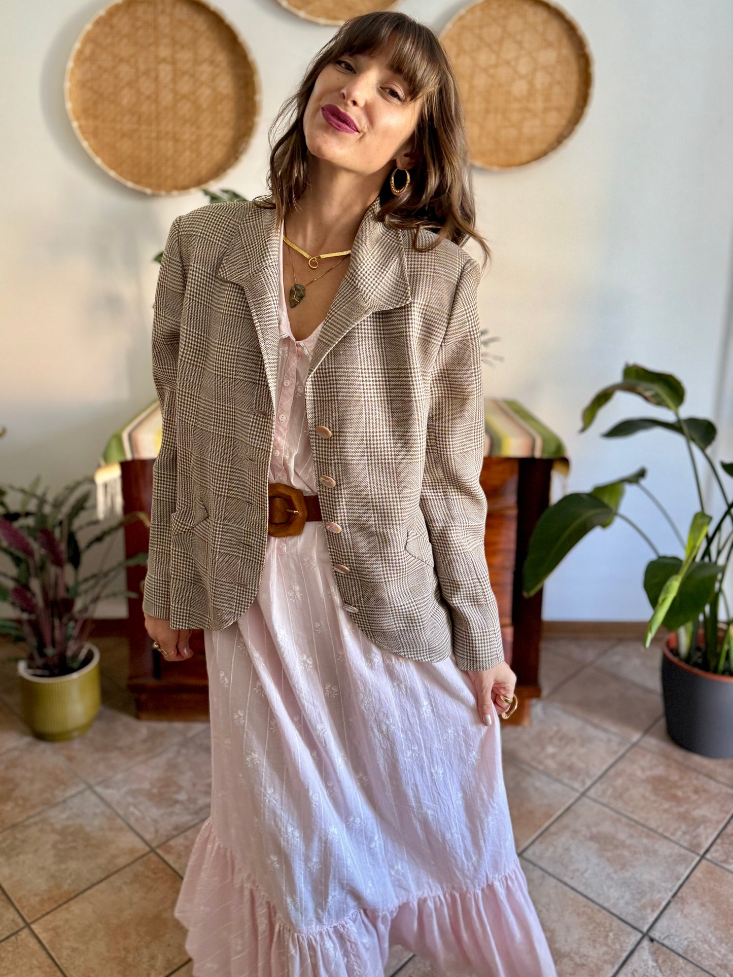 1970's vintage brown and cream plaid tweed blazer with oversize mother of pearl buttons