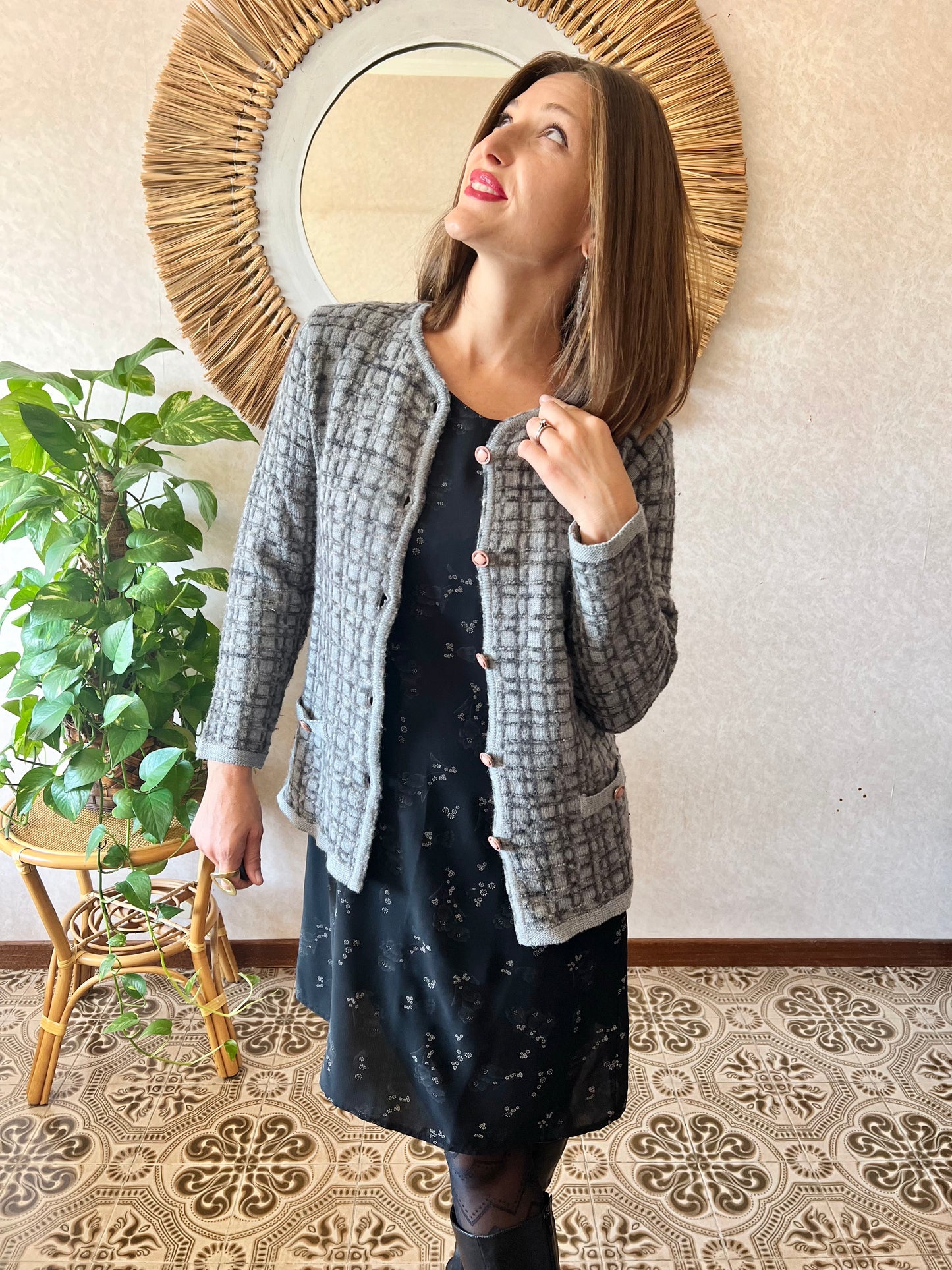 Cardigan lavorato a maglia geometrico grigio multi tono vintage anni '70