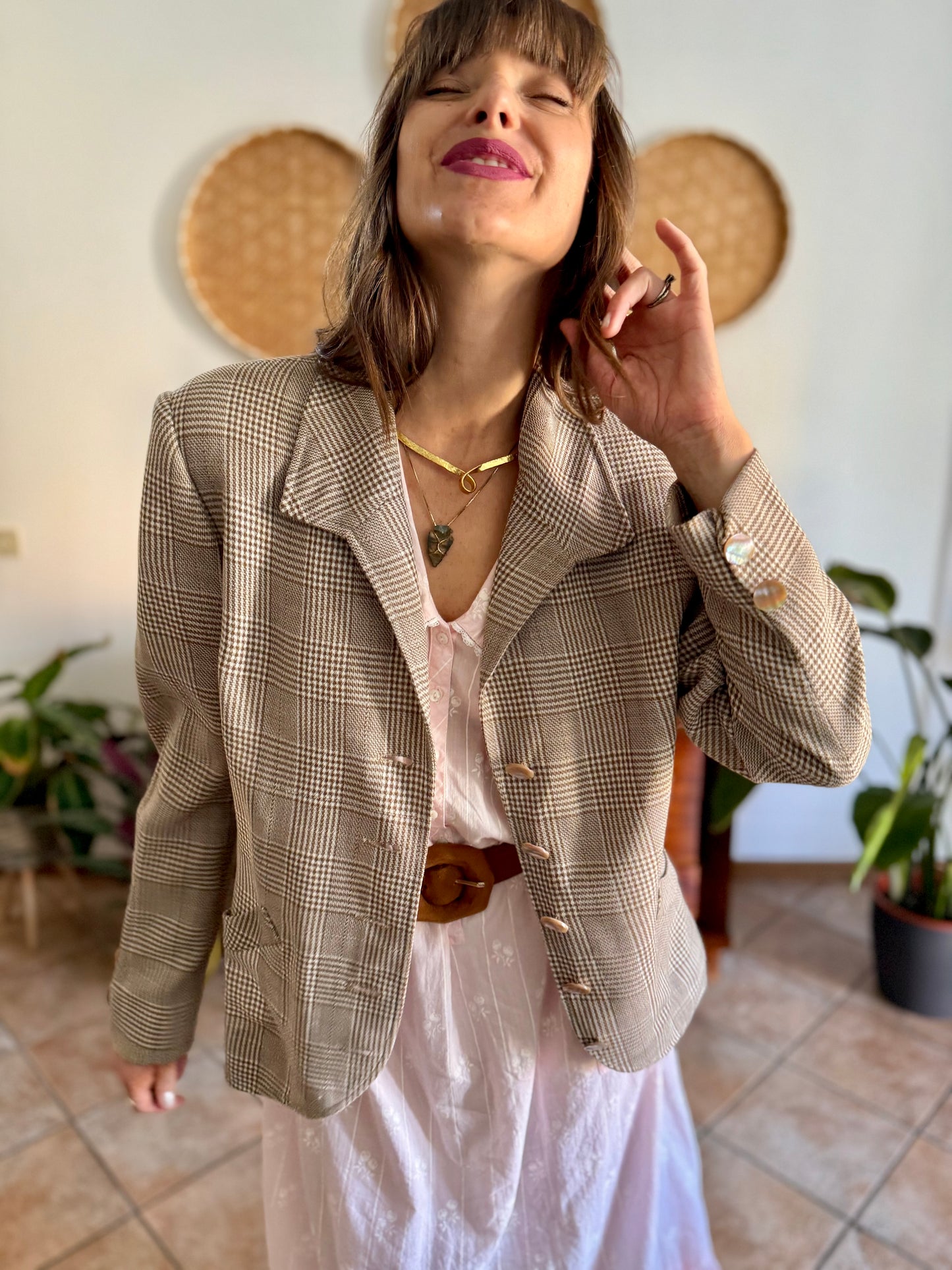 1970's vintage brown and cream plaid tweed blazer with oversize mother of pearl buttons