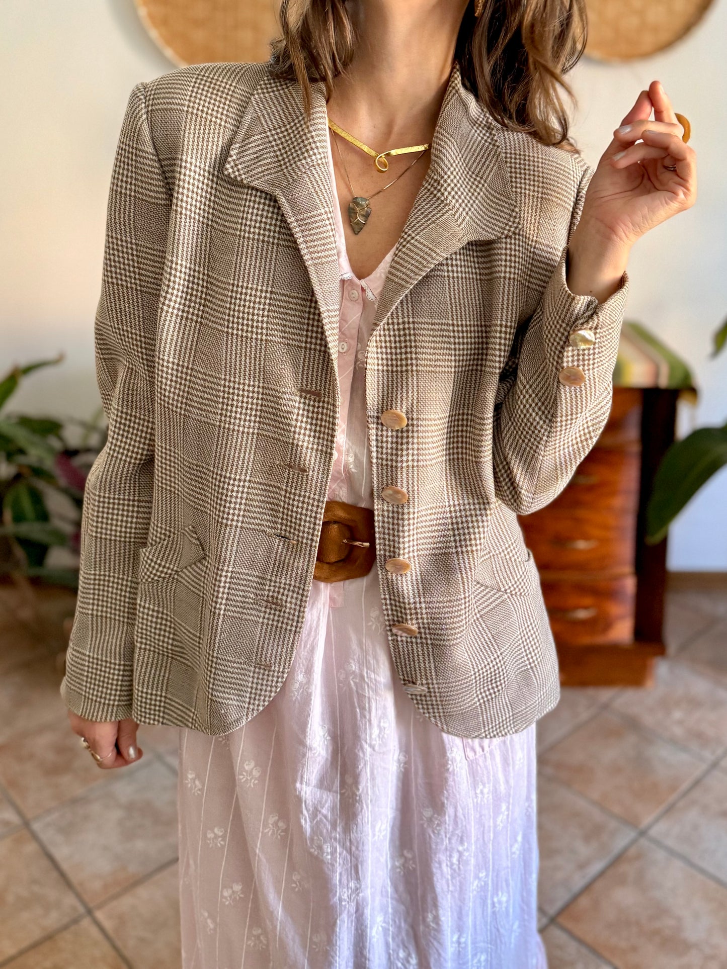 1970's vintage brown and cream plaid tweed blazer with oversize mother of pearl buttons