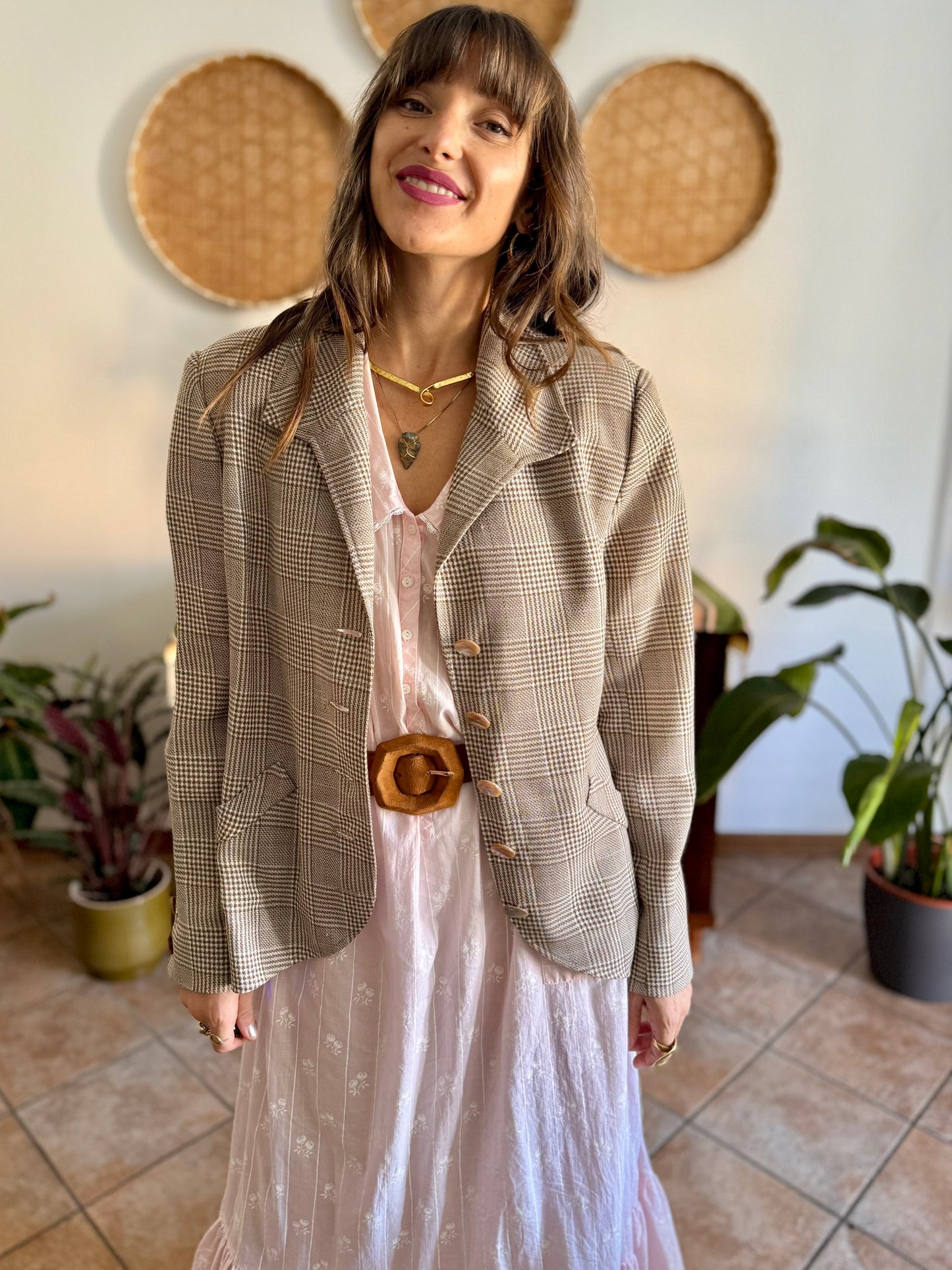 1970's vintage brown and cream plaid tweed blazer with oversize mother of pearl buttons