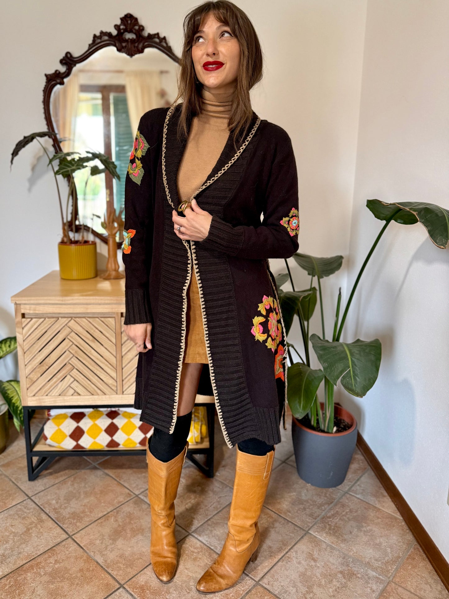 Y2k vintage black knit cardigan with pink, orange and beige floral embroidery