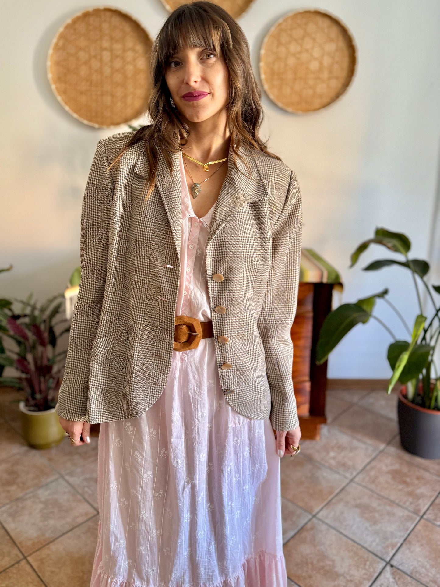 1970's vintage brown and cream plaid tweed blazer with oversize mother of pearl buttons