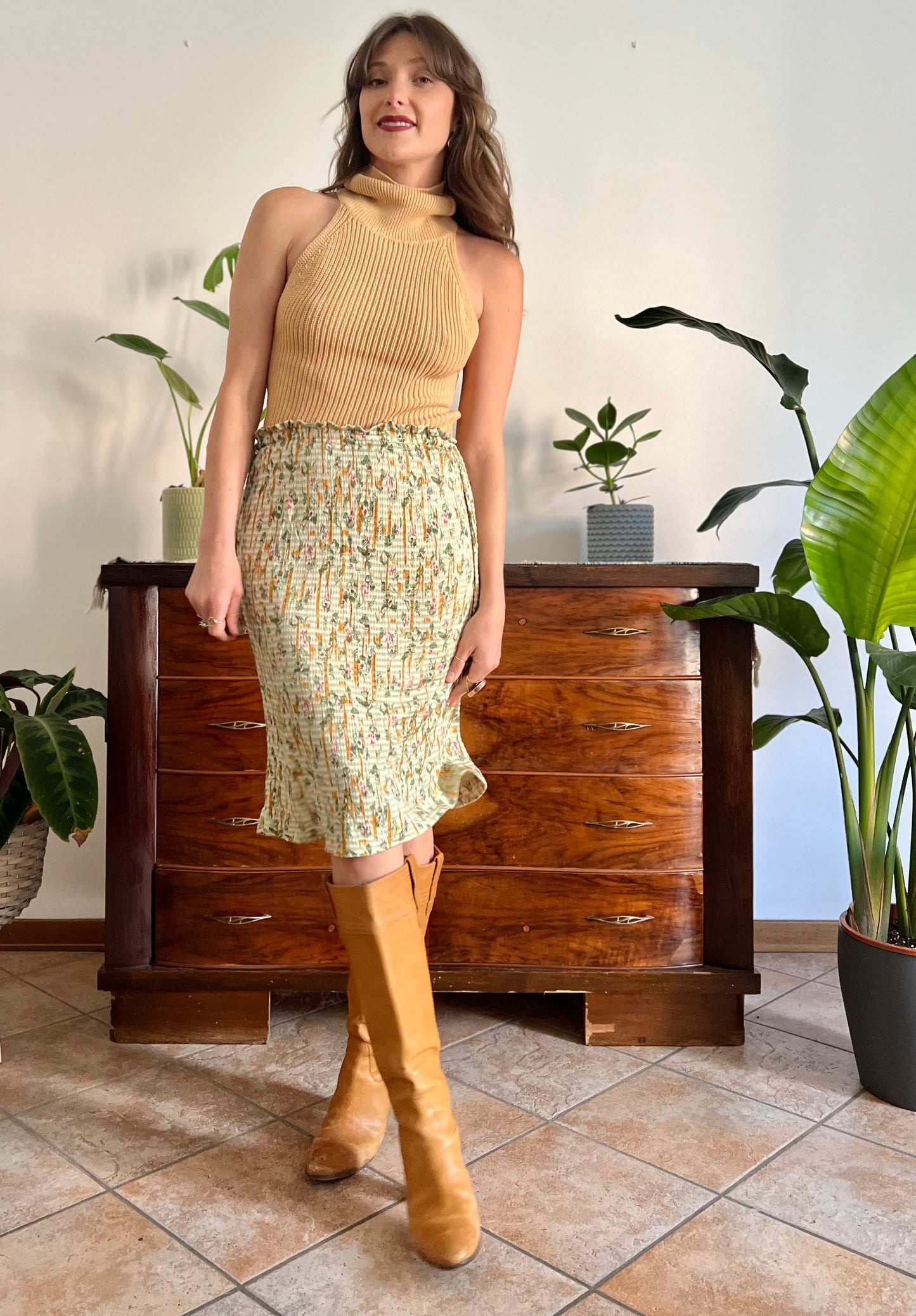 1970's vintage mint green knit floral midi skirt with pink and yellow floral pattern