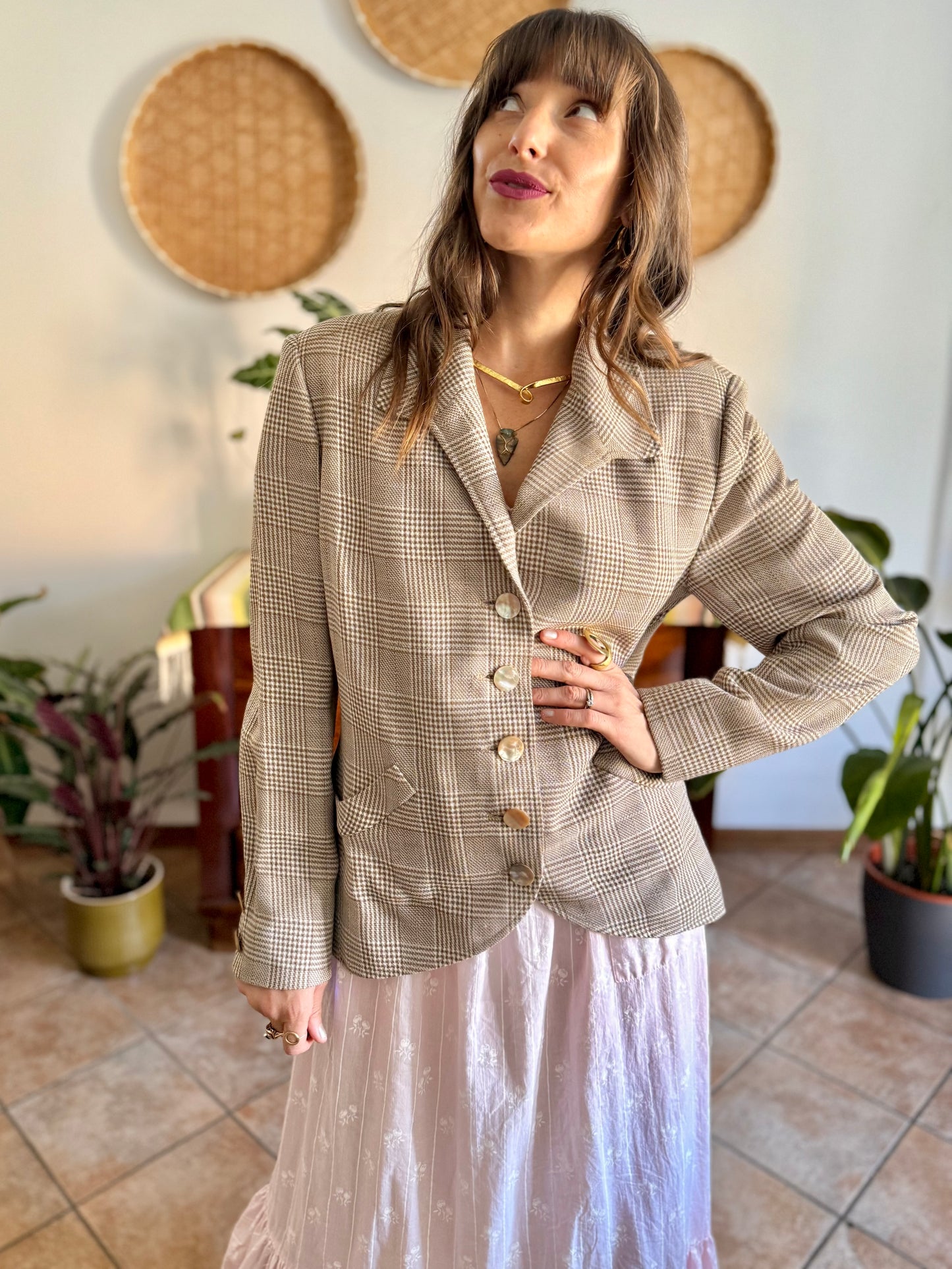 1970's vintage brown and cream plaid tweed blazer with oversize mother of pearl buttons