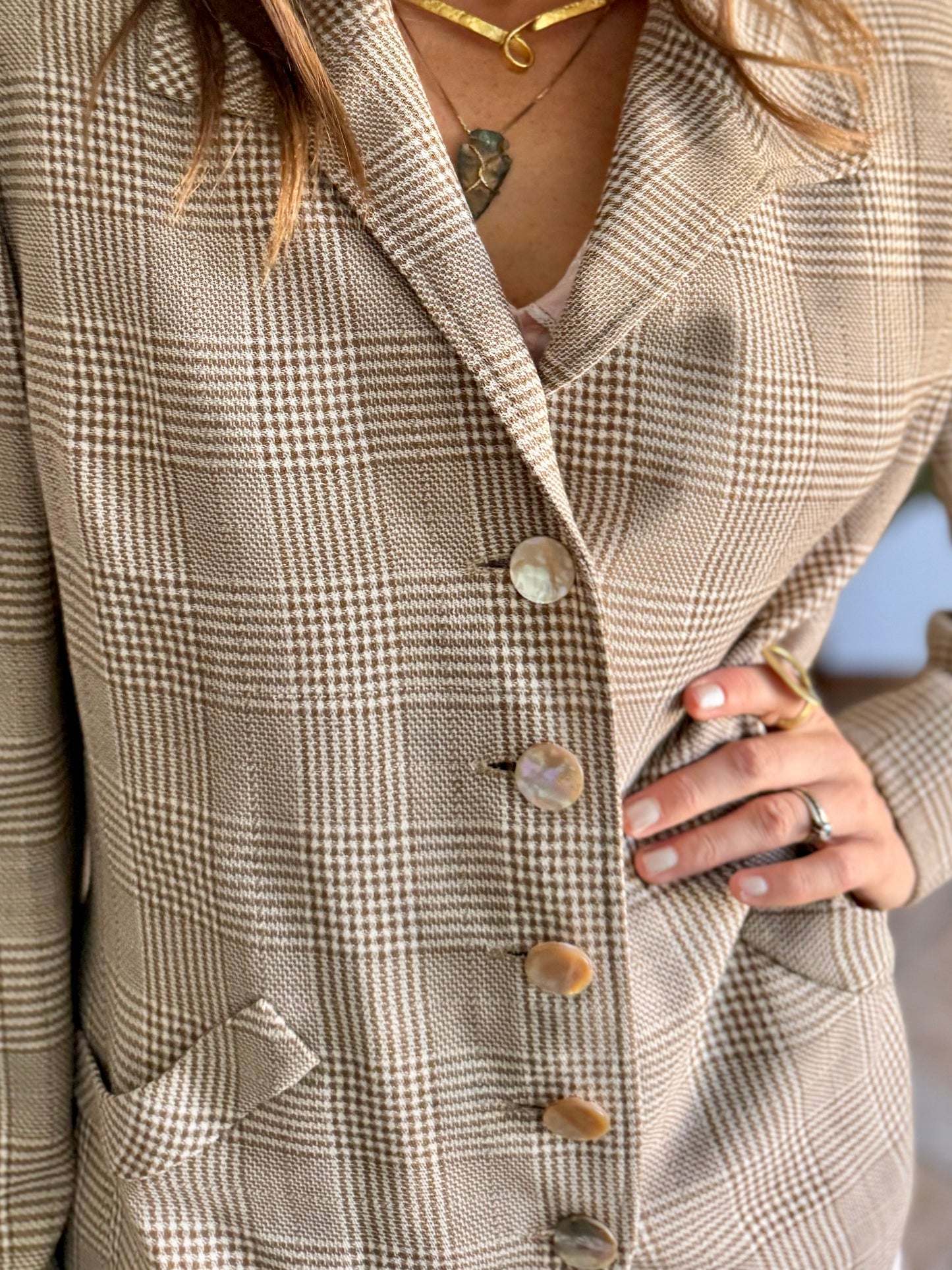 1970's vintage brown and cream plaid tweed blazer with oversize mother of pearl buttons
