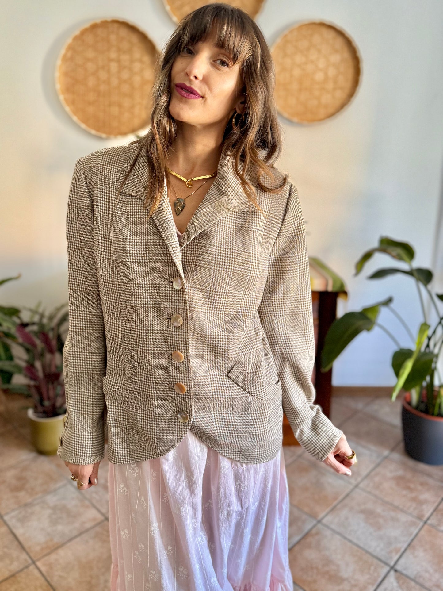 1970's vintage brown and cream plaid tweed blazer with oversize mother of pearl buttons