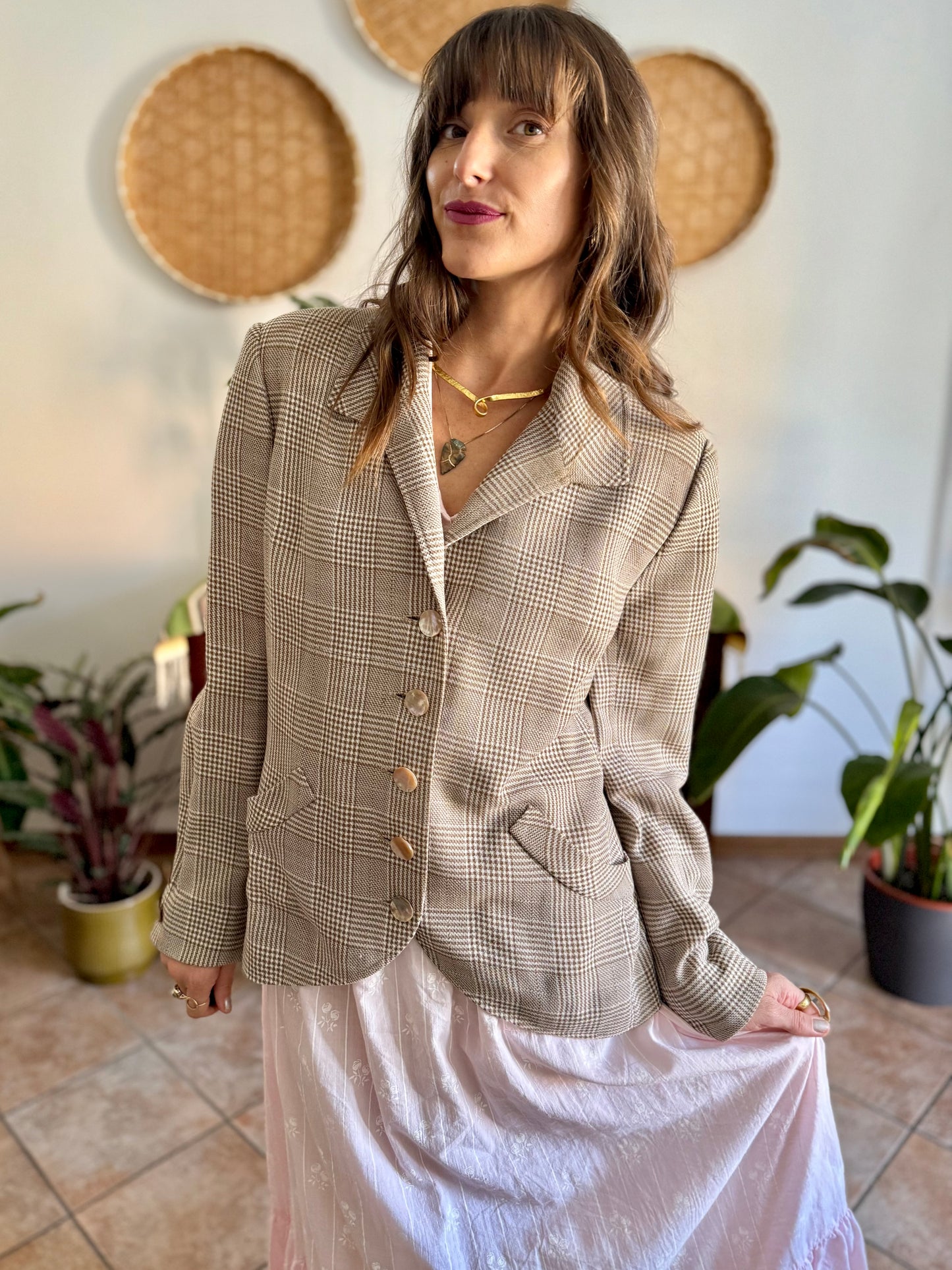 1970's vintage brown and cream plaid tweed blazer with oversize mother of pearl buttons