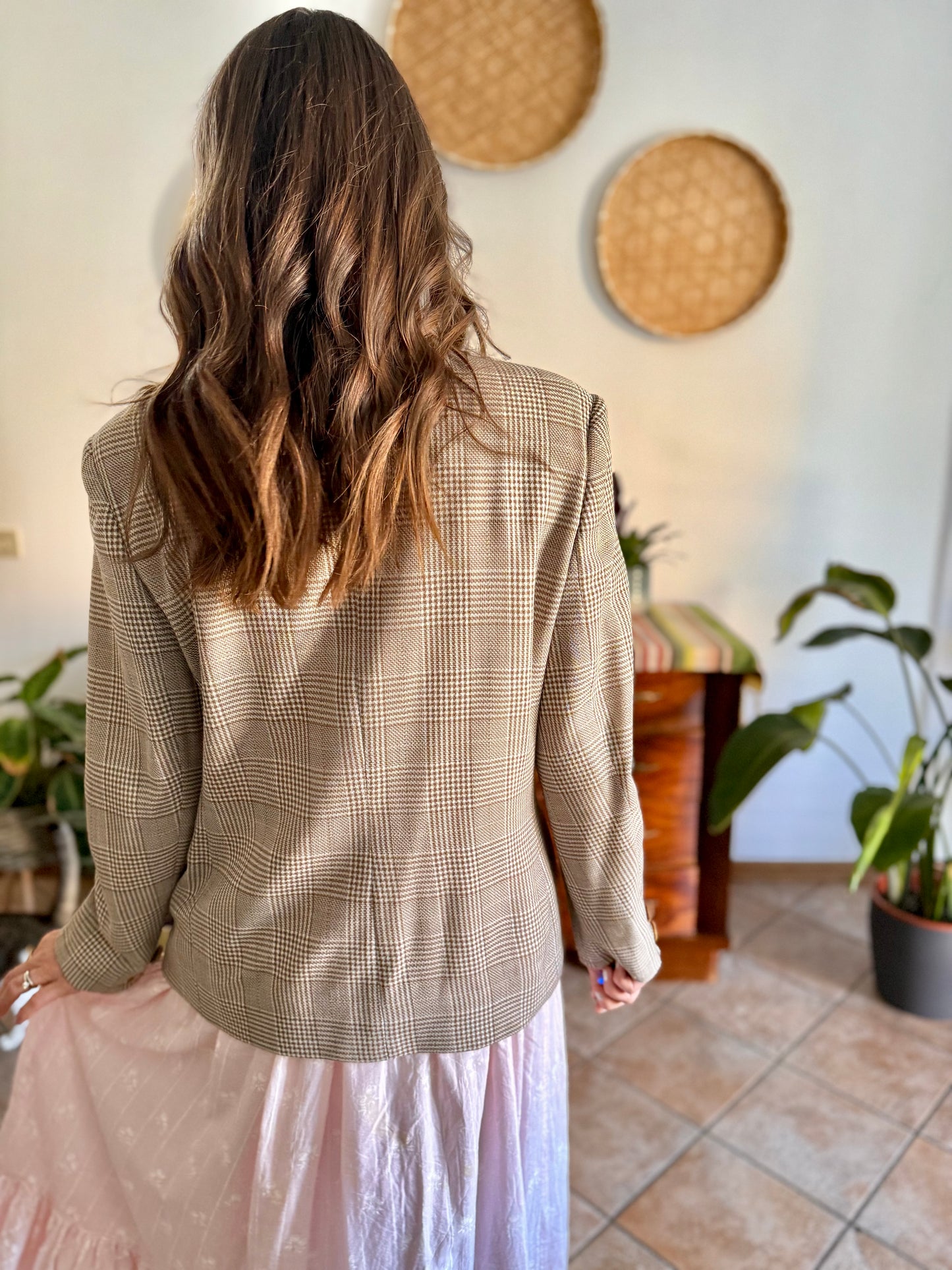 1970's vintage brown and cream plaid tweed blazer with oversize mother of pearl buttons