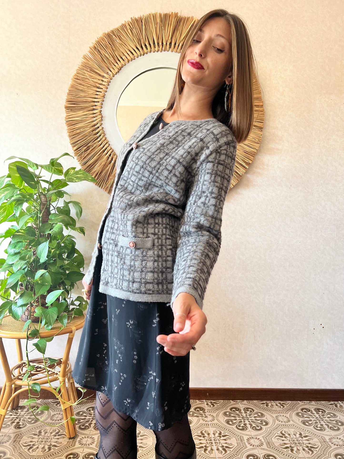 Cardigan lavorato a maglia geometrico grigio multi tono vintage anni '70